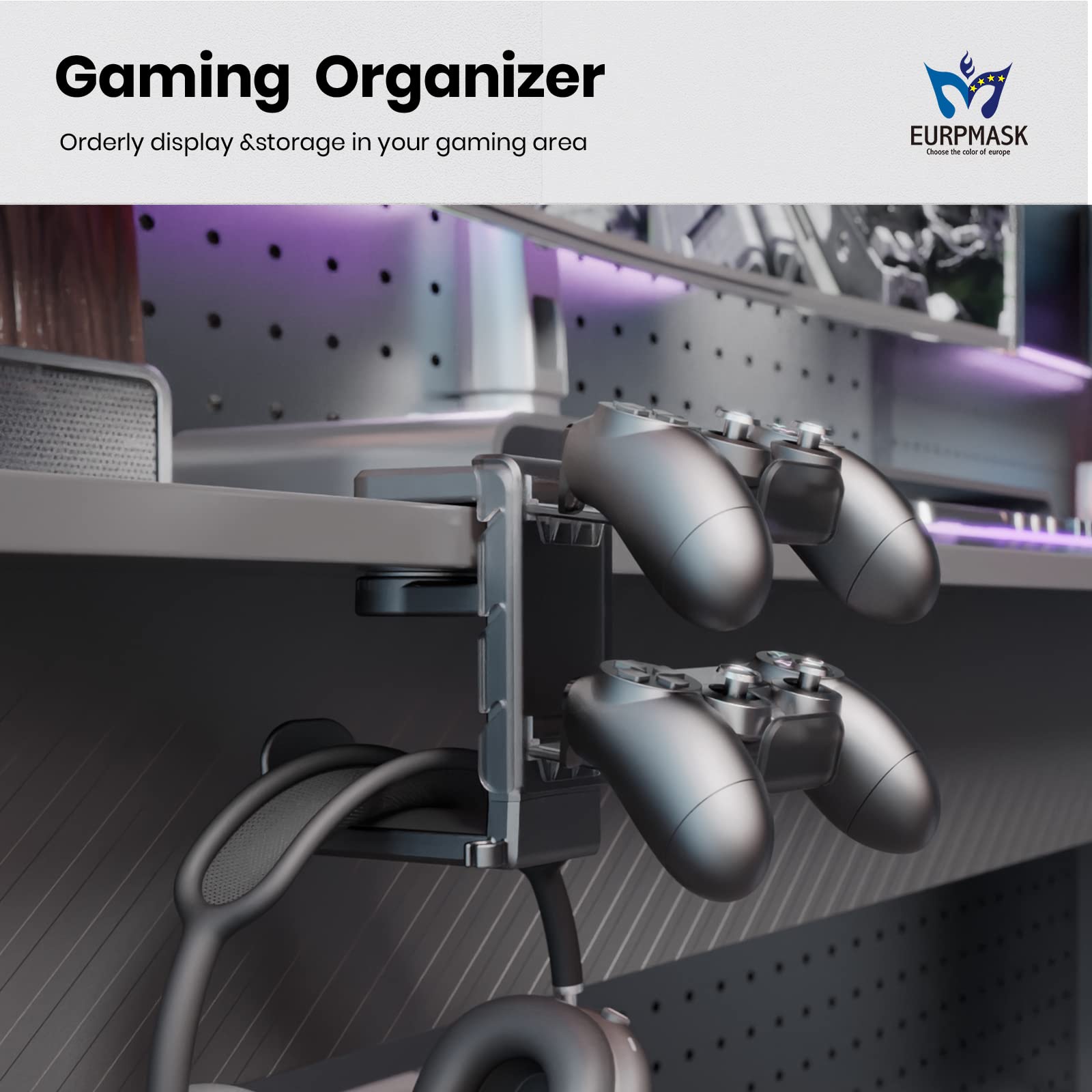 3-in-1 PC Gaming Headset & Controller Stand with Adjustable Clamp, Rotating Arm & Cable Management - Universal Gaming Accessory for PS5, Xbox, PC - Perfect for Desk Organization & Gaming Setup (Black)