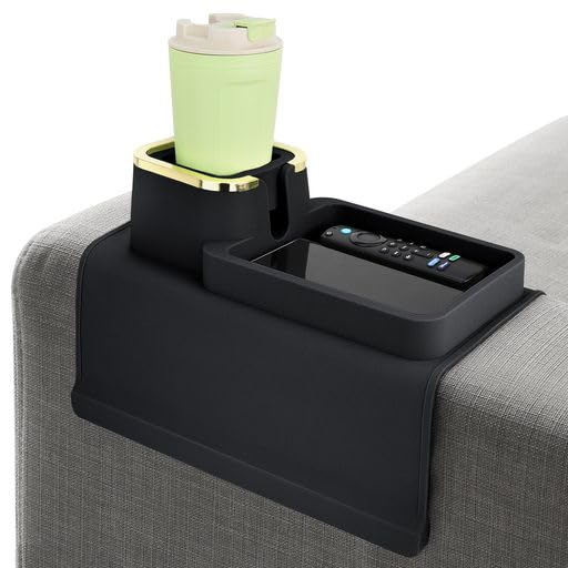 **Black Silicone Couch Cup Holder Tray with Remote Storage - Armrest Coffee Mug Holder for Sofa, Recliner & Couch - Perfect for Watching TV, Gaming & Relaxing**