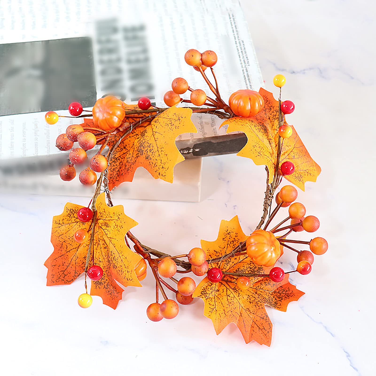 6 PCS Halloween Pumpkin Maple Leaf Candle Rings - 4.7 Inch DIY Artificial Candle Wreaths with Berries for Table Decor, Wedding Centerpieces, Thanksgiving & Fall Party Decorations - Perfect for Fireplace Mantel, Dining Table, and Seasonal Home Decor