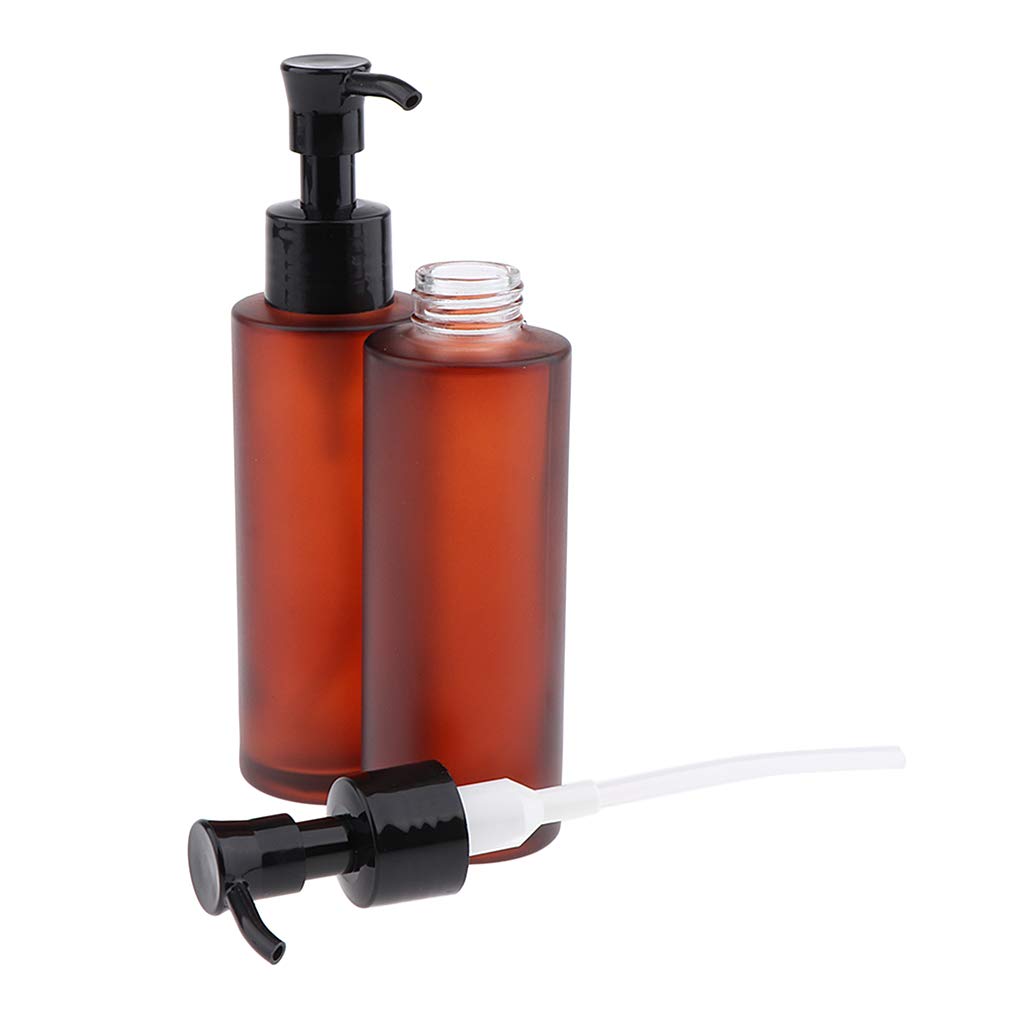 Freneci 2 Pack 100ml Amber Glass Cosmetic Pump Bottles with Long Tip Dispenser - Essential Oil, Lotion & Serum Containers for Travel, Bathroom & Salon Use
