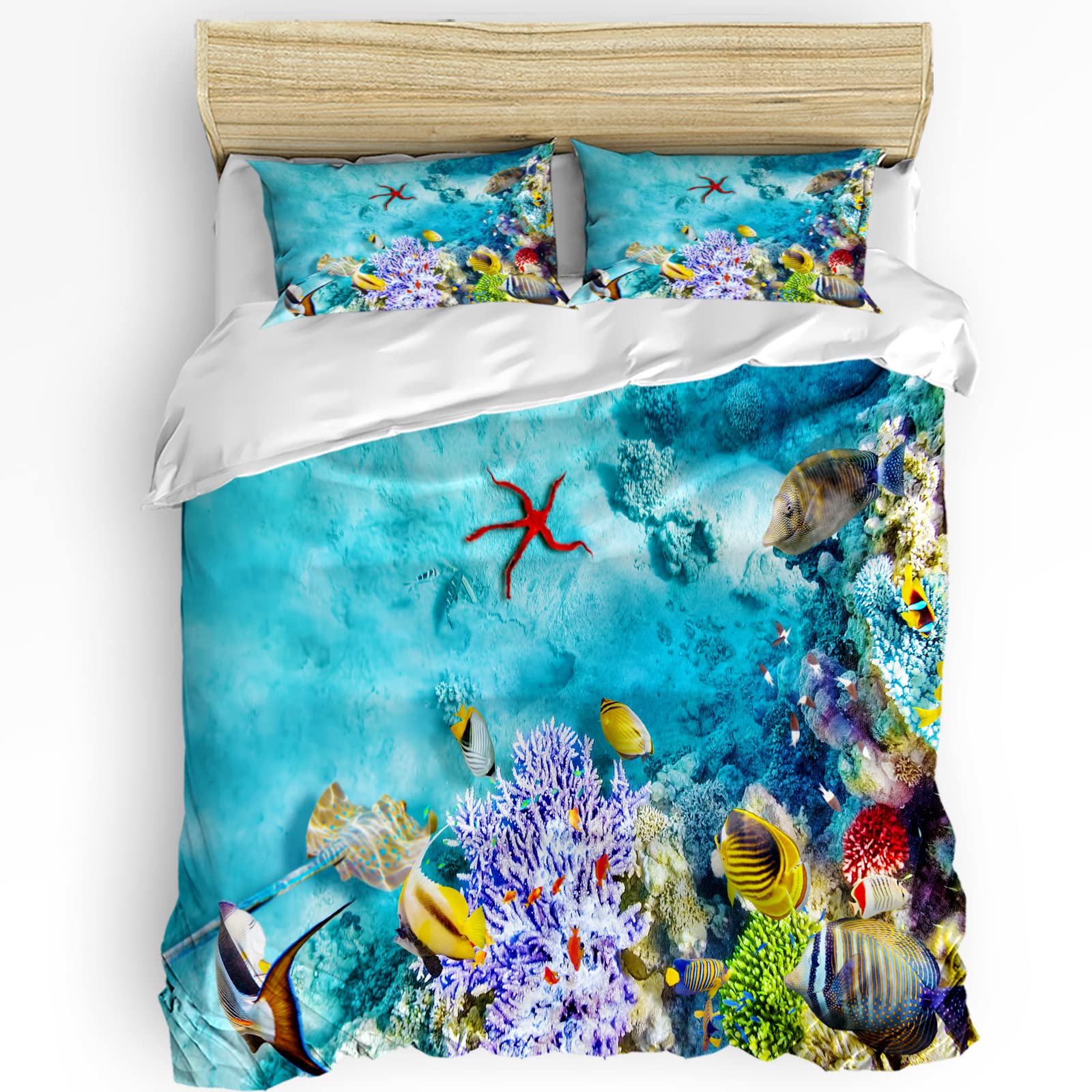 Zadaling 3-Piece Duvet Cover Set - Full Size Printed Ocean Animal Theme Bedding with Zipper Closure & Corner Ties (1 Duvet Cover + 2 Pillow Shams) | Soft & Breathable for Kids' Room, Guest Bedroom or Beach House Decor