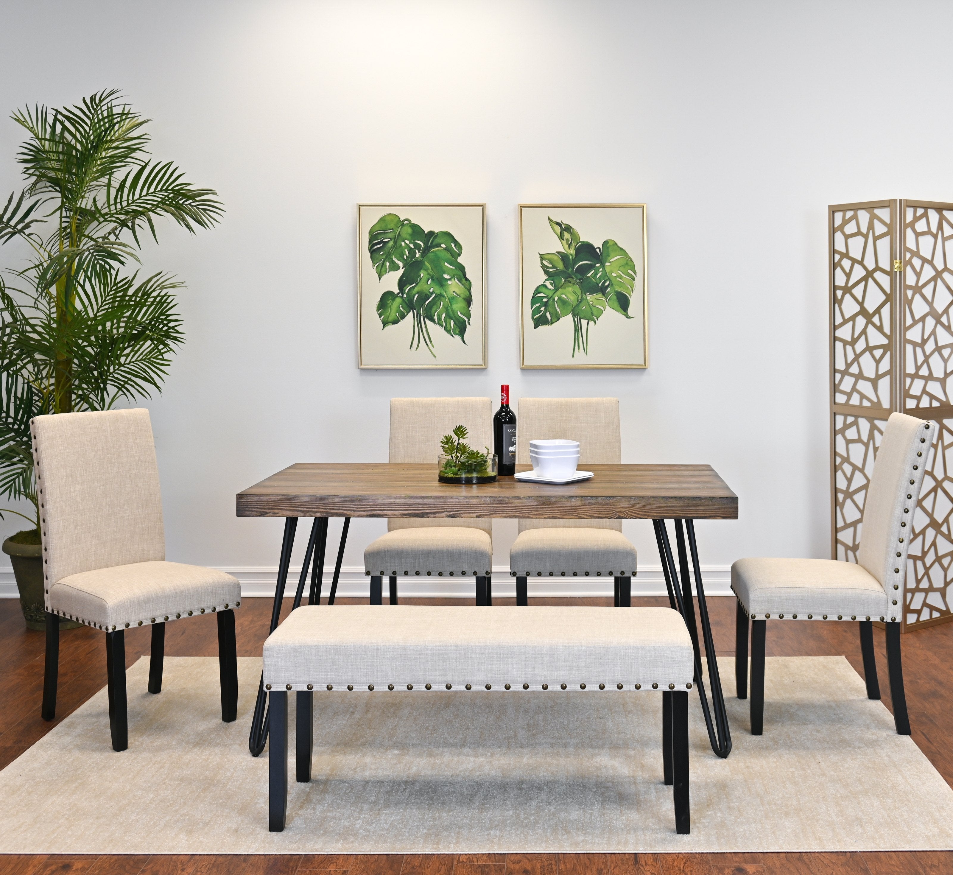 Roundhill Furniture Amisos 6-Piece Dining Set with Hairpin Leg Table, 4 Chairs & Upholstered Bench - Modern Kitchen & Dining Room Furniture for Family Gatherings