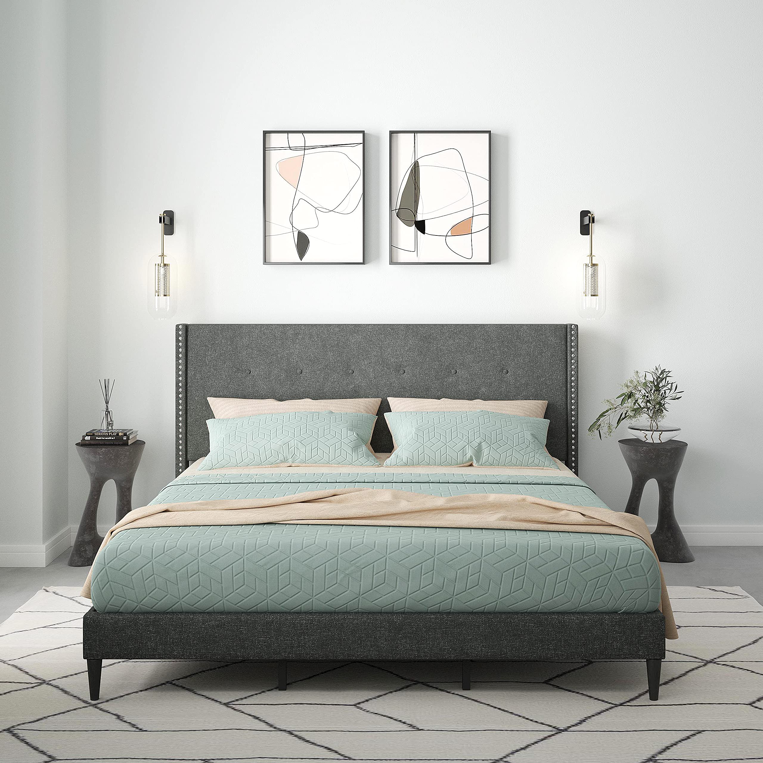 Glenwillow Home MCM Upholstered Platform Bed Frame with Nailhead Trim & Button Tufted Wingback - King Size Gray Bed - No Box Spring Needed - Easy Assembly - Perfect for Modern Bedroom & Guest Room Decor