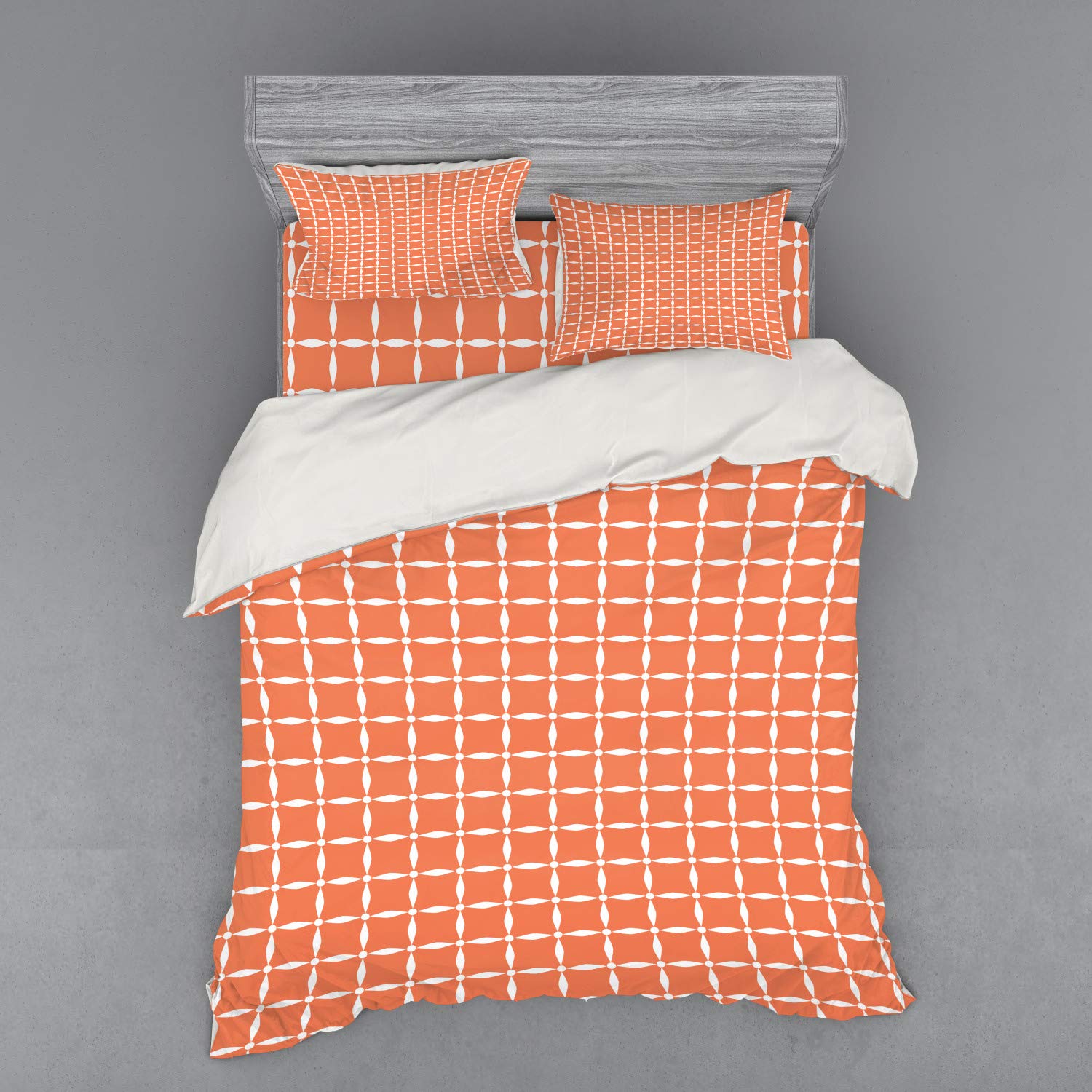 Ambesonne Floral Bedding Set Queen Size - Modern Geometric Tile Pattern with Flower Petals & Dots - 4 Piece Duvet Cover Set Includes Shams & Fitted Sheet - Orange & White - Perfect for Master Bedroom, Guest Room & Dorm Decor
