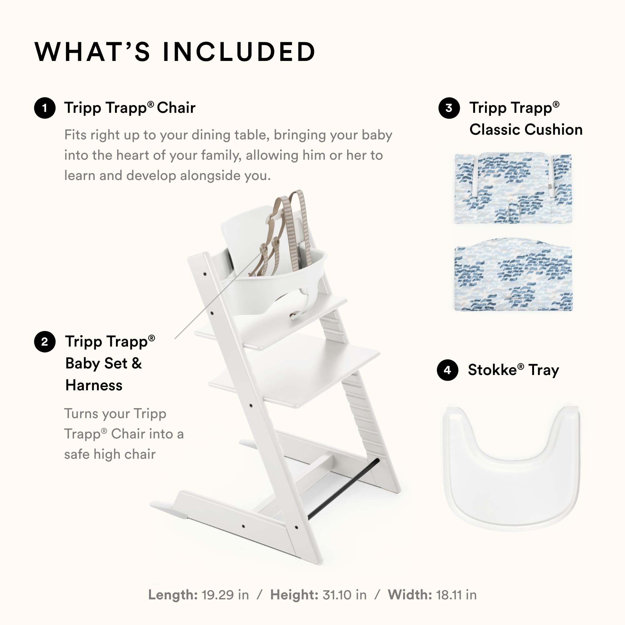 Stokke Tripp Trapp Adjustable High Chair with Cushion & Tray - Convertible Baby to Toddler Chair in White & Waves Blue | Perfect for Dining, Feeding & Learning at Home