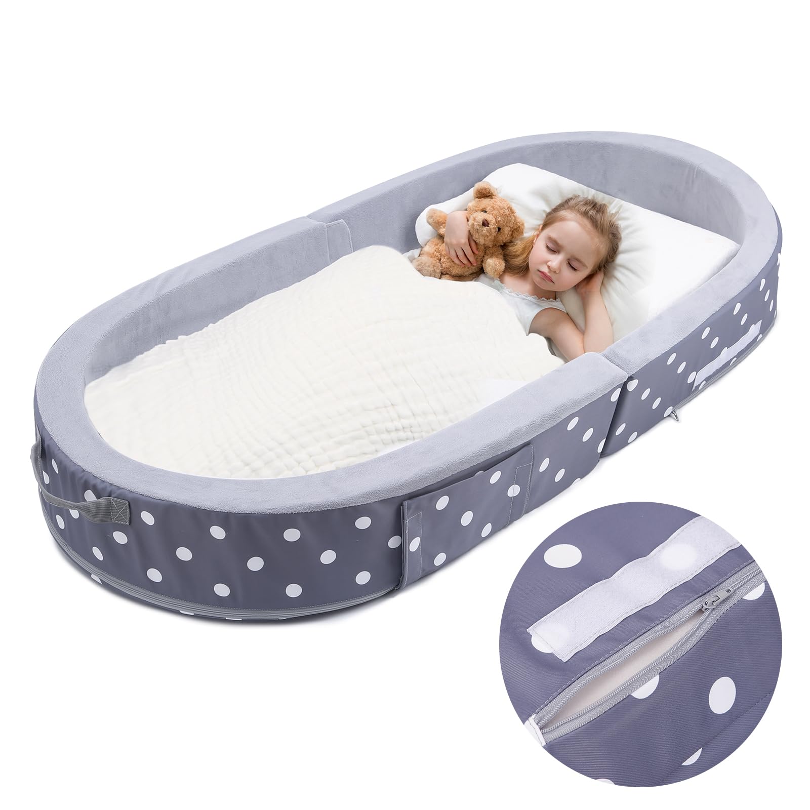 Portable Foldable Toddler Floor Bed with Safety Rails - Travel-Friendly Kids Foam Sleeping Cot for Home, Daycare & Camping Trips