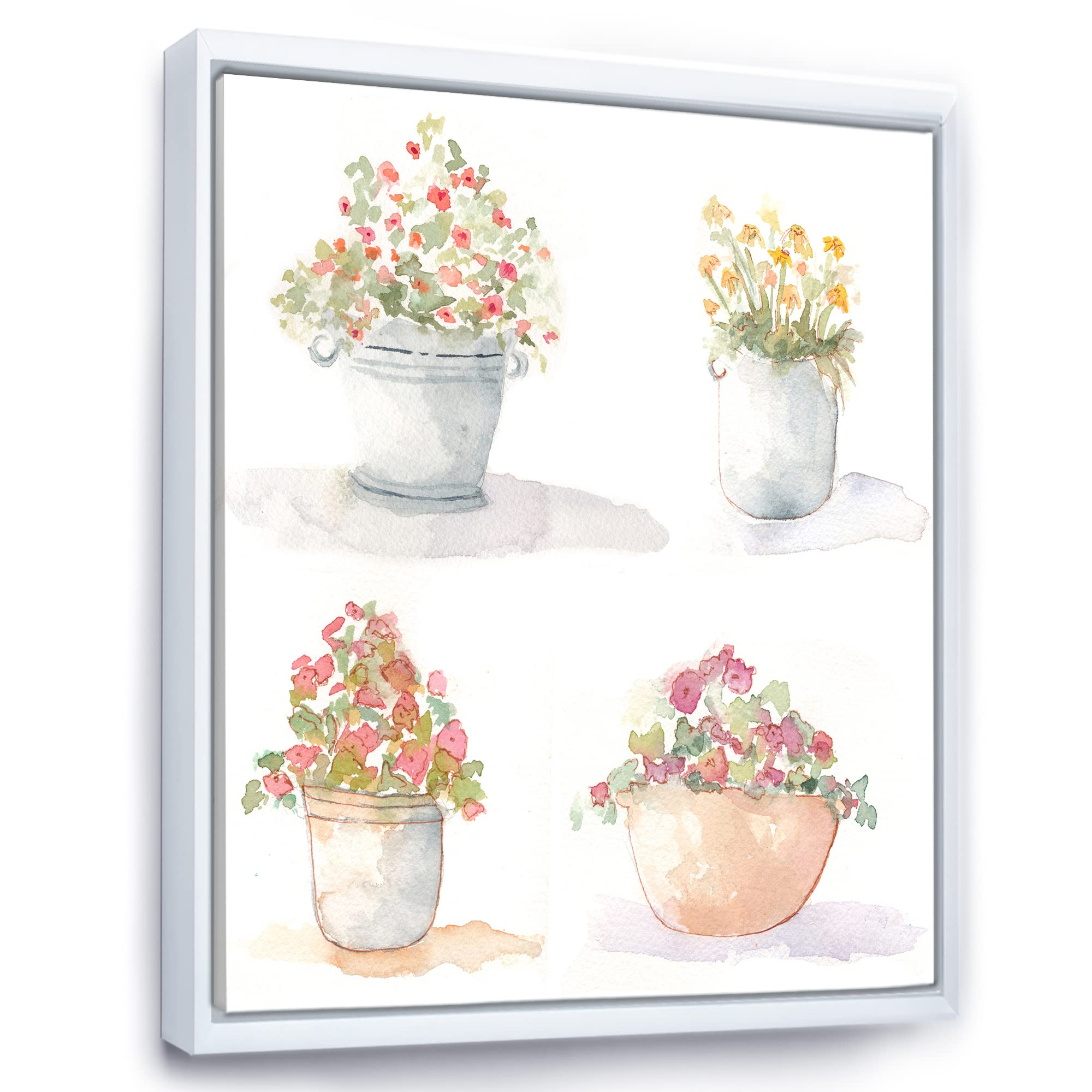DesignQ Set of 4 Outdoor Flower Pots - Traditional Framed Canvas Wall Art Prints for Garden, Patio & Home Decor