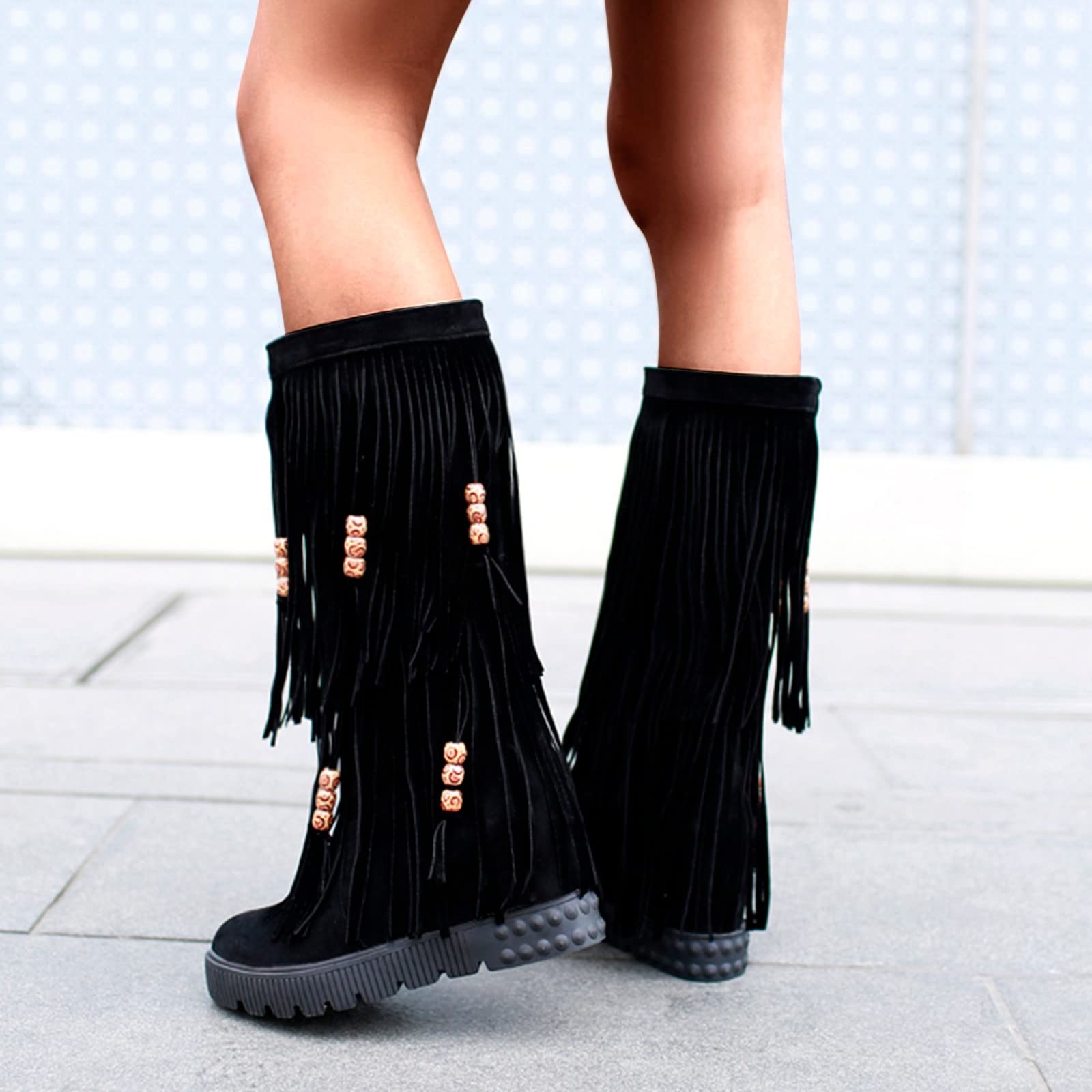 Women's Winter Fashion Boots - Breathable Flats with String Beads & Tassel - Retro Thigh High Boots in Pure Colors (Black, Size 9) | Perfect for Holiday Parties & Cold Weather Outfits