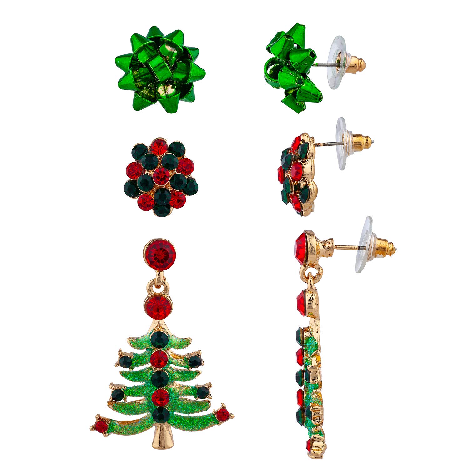 Green Rhinestone Stud Earrings Set of 3 - Christmas Party Jewelry Gifts
