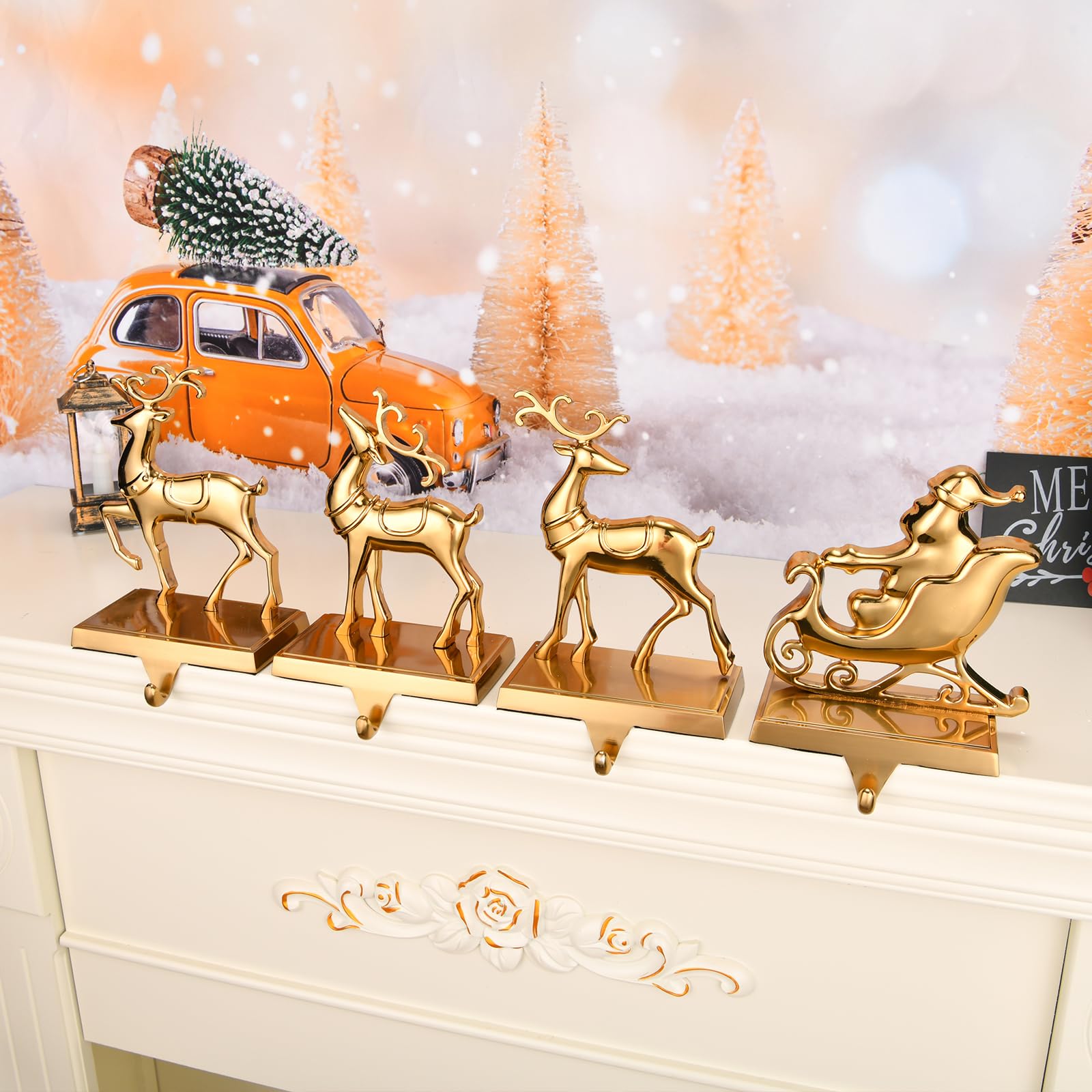Reindeer Christmas Stocking Hangers for Mantel - Set of 4 Antique Gold Fireplace Stocking Holders, Xmas Mantel Hooks for Hanging Stockings & Ornaments - Perfect for Holiday Decor & Festive Fireplace Displays