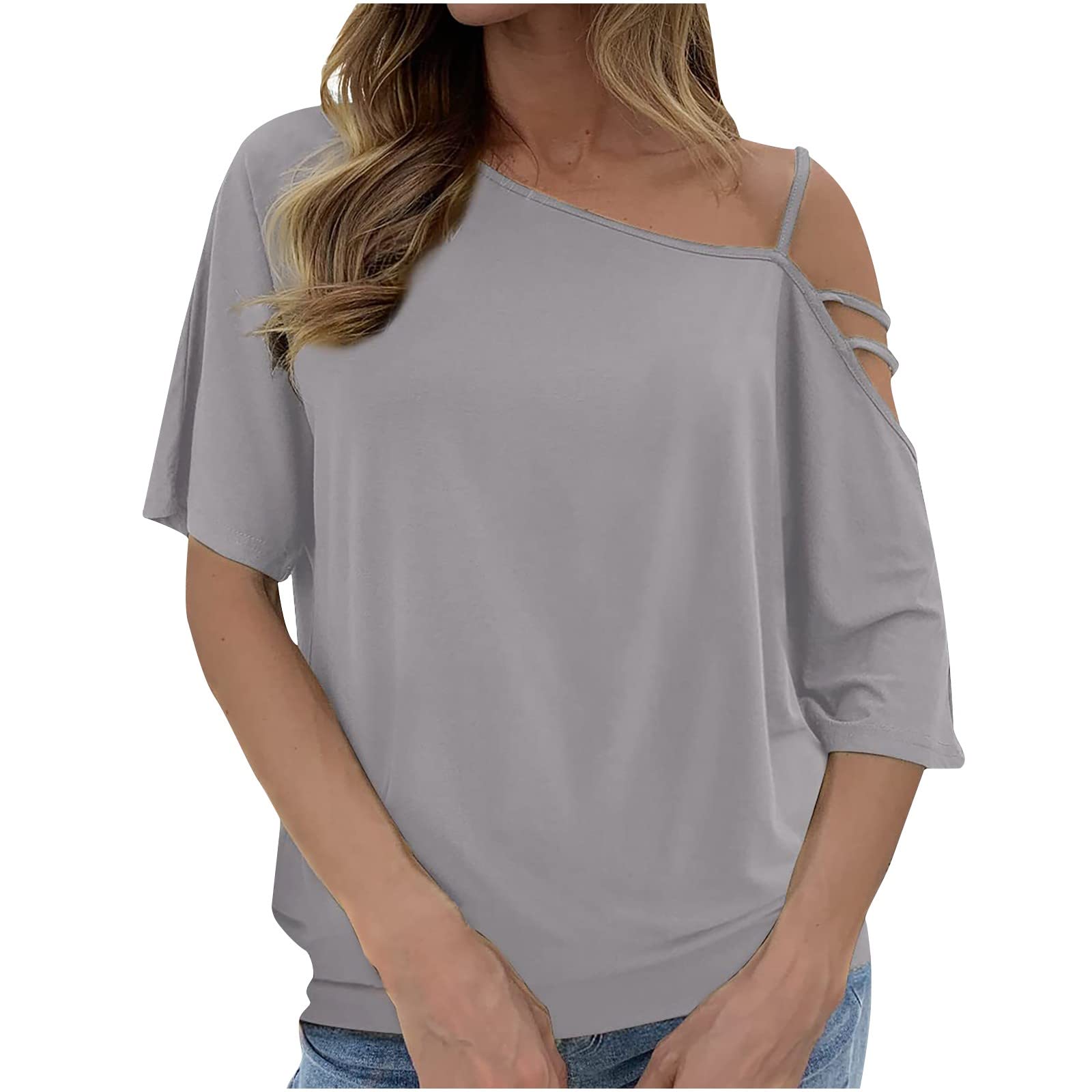 Women's One-Shoulder Summer Blouse - Solid Color Casual Elbow Sleeve Pullover Top for Leggings | Perfect for Beach, Date Night & Casual Outings