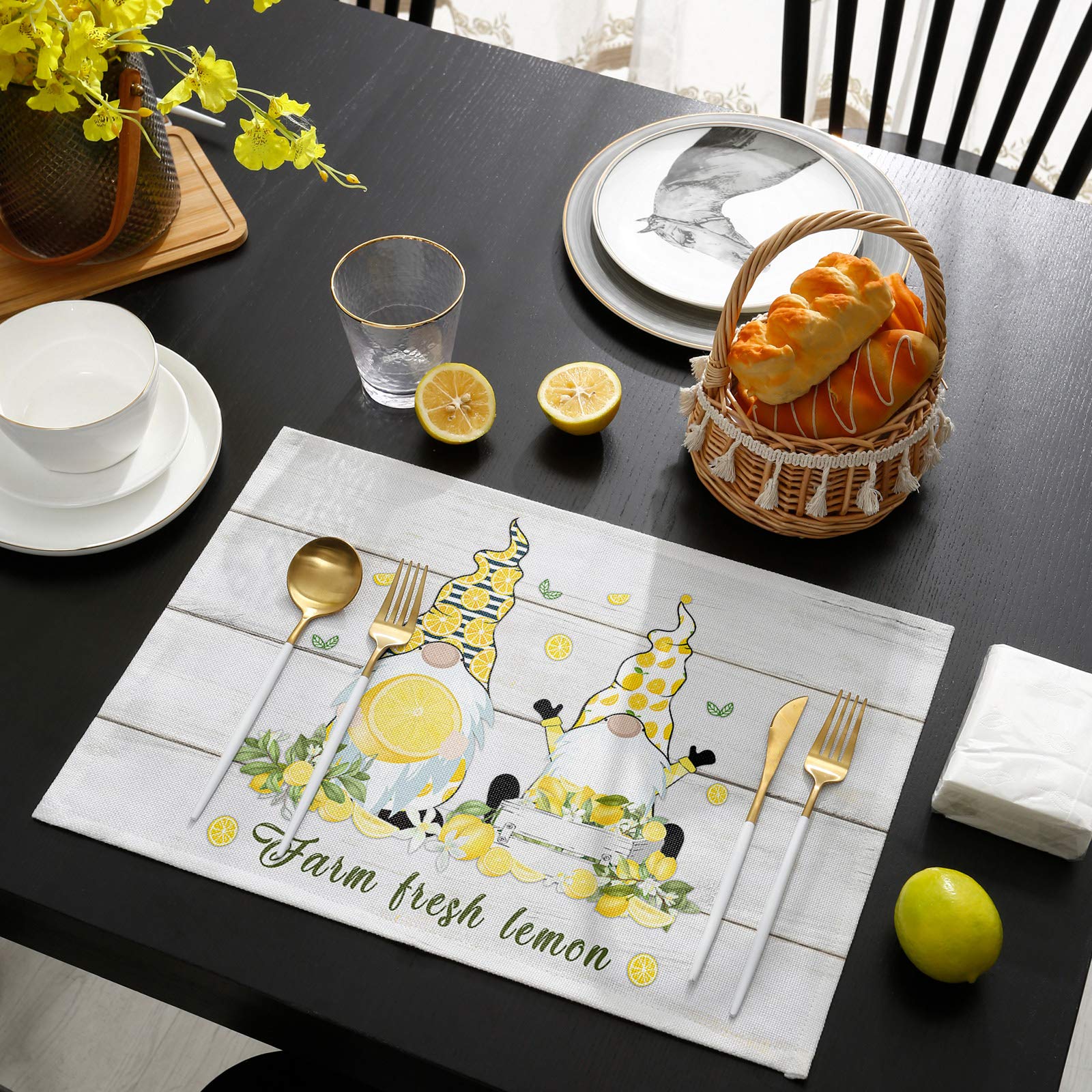 4 Pack Farmhouse Lemon Gnome Placemats - Heat Resistant Washable Table Mats with Wood Grain Design for Dining Table - Perfect for Summer Kitchen Decor, Farmhouse Style Dining, and Outdoor Picnics