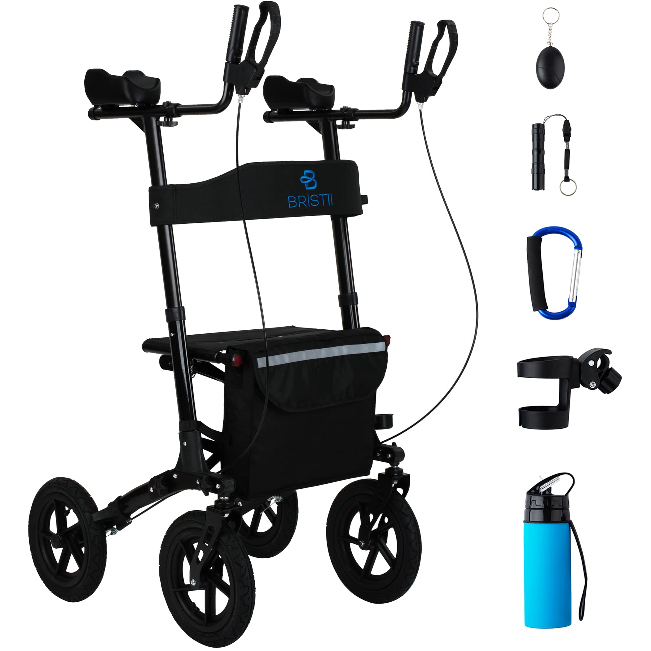 BRISTII Upright Walkers for Seniors - Lightweight Bariatric Rollator with Seat, Armrest & All-Terrain Wheels | Foldable Mobility Walker with Cane Holder for Travel & Outdoor Use | Ideal for Elderly Walking Assistance & Daily Activities