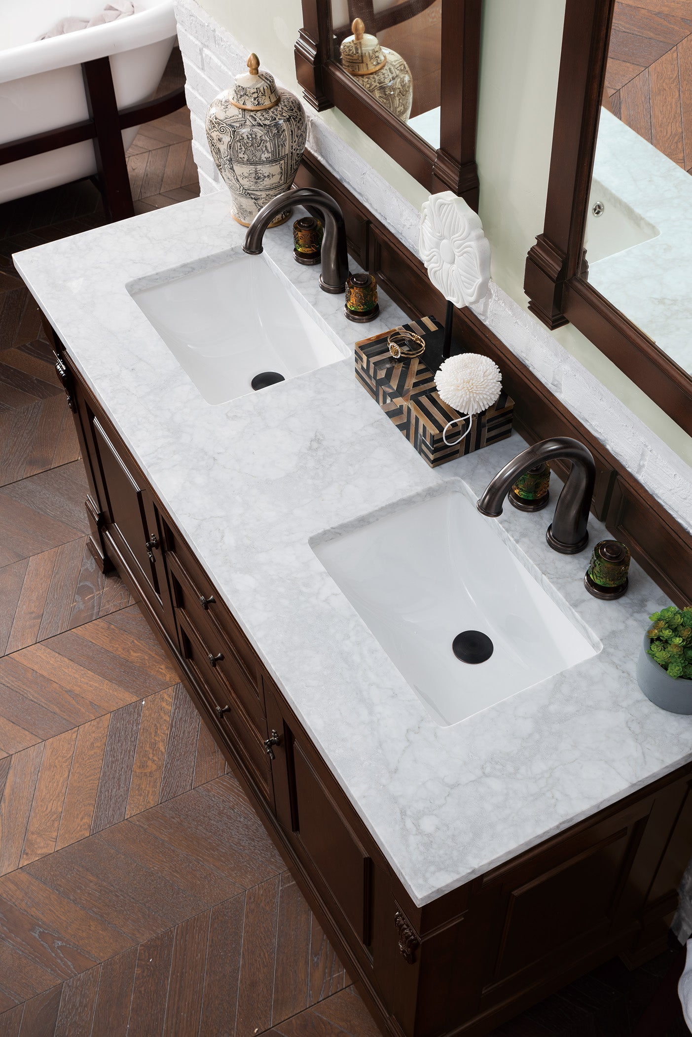 Brookfield 60-Inch Double Vanity with Burnished Mahogany Finish & 3CM Carrara Marble Top – Perfect for Master Bathroom & Luxury Home Renovation