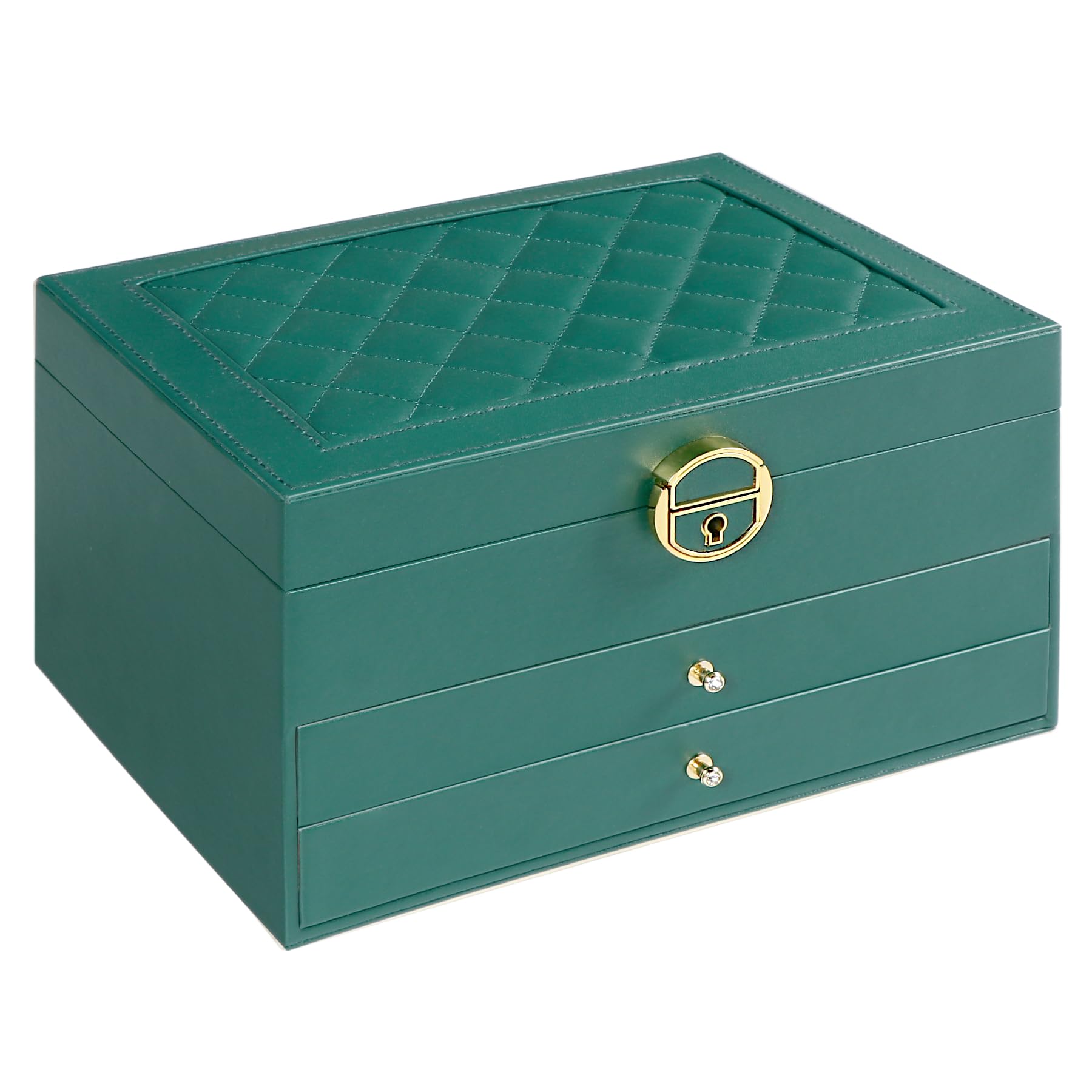 3-Layer Jewelry Organizer Box with Lock - for Necklaces, Rings, Watches - Perfect Gift for Women (Christmas/Birthday/Valentine's) - Green