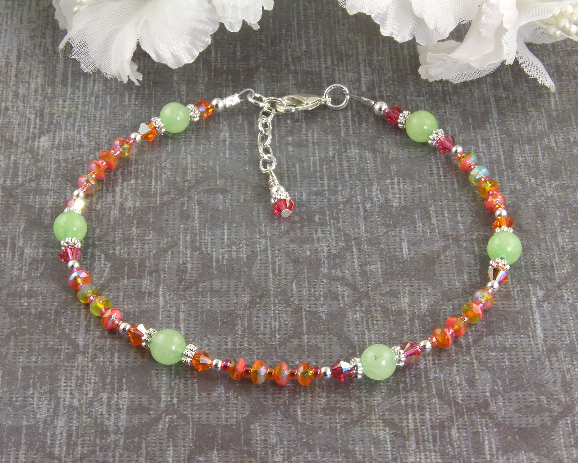Summer Orange Crystal Silver Plated Anklet for Women - Elegant Bohemian Ankle Bracelet for Beach, Vacation & Summer Outfits