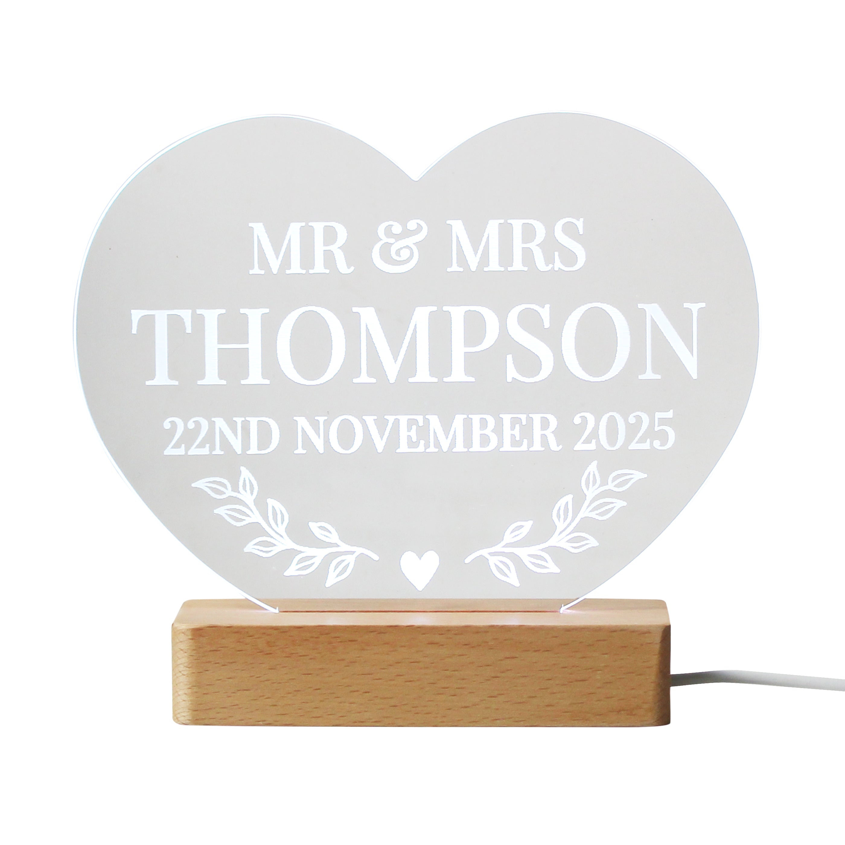 Personalized Wedding Acrylic Heart LED Light - Custom Name & Date - Romantic Anniversary Gift for Couples - Perfect for Wedding Decor, Anniversary Celebration & Bedroom Night Light