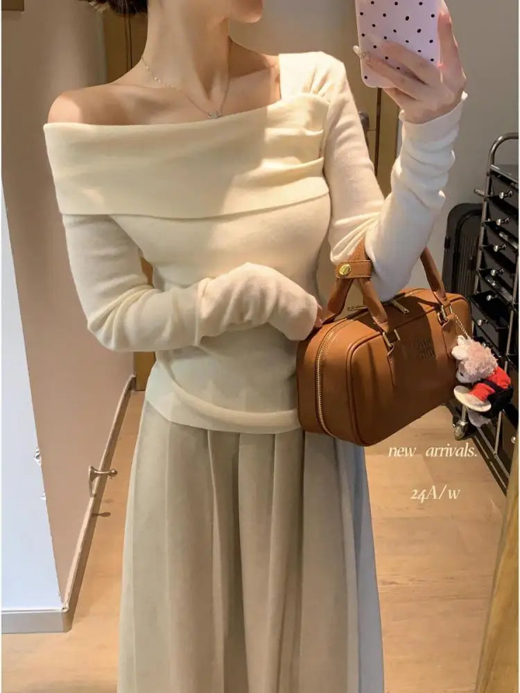 Women's Sexy Slim Off-Shoulder Long Sleeve Knit Sweater - Autumn Winter Solid Color Office Fashion Pleated Top - Perfect for Work, Dating & Casual Outfits