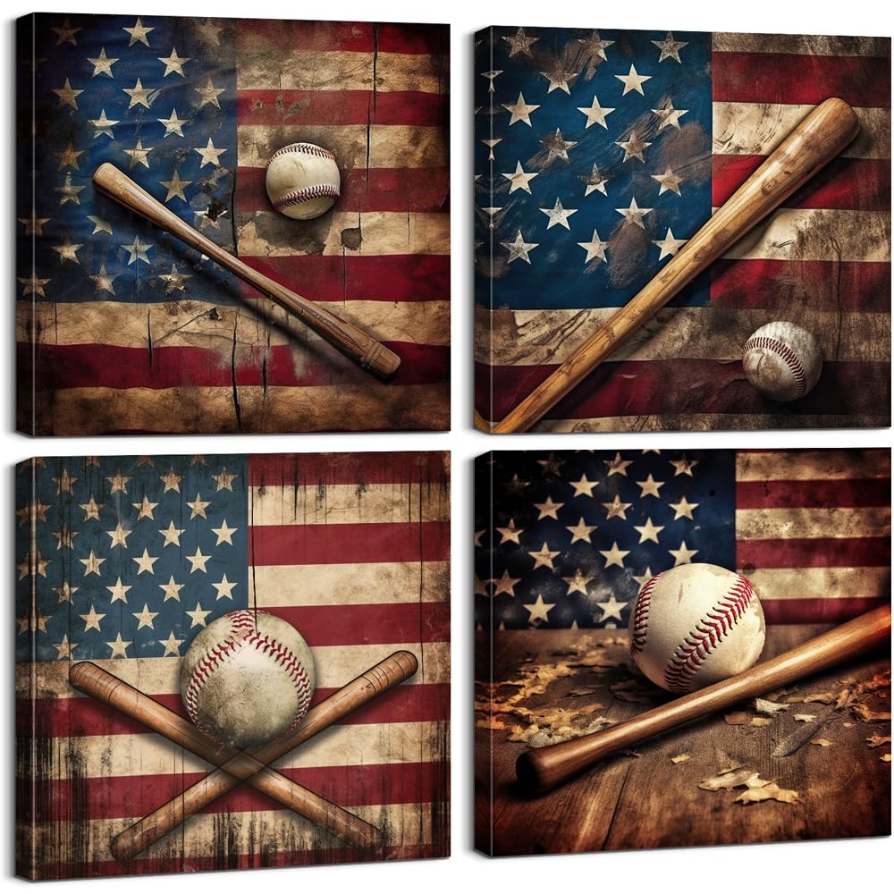 4-Piece Patriotic American Flag Wall Art Set - Baseball Decor, Army & Sports Posters Canvas - 12