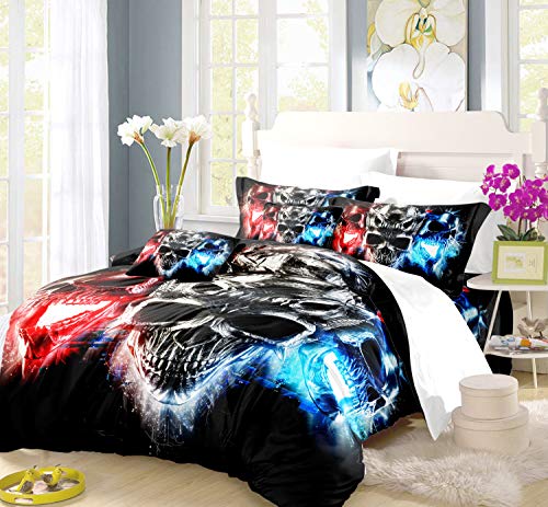 REALIN Skull Duvet Cover Set - Halloween Horror Bedding with Flame & Music Design, 2/3/4PCS Microfiber Quilt Cover & Pillow Shams for Twin/Full/Queen/King Size Beds - Perfect for Gothic Bedroom Decor & Spooky Themed Parties