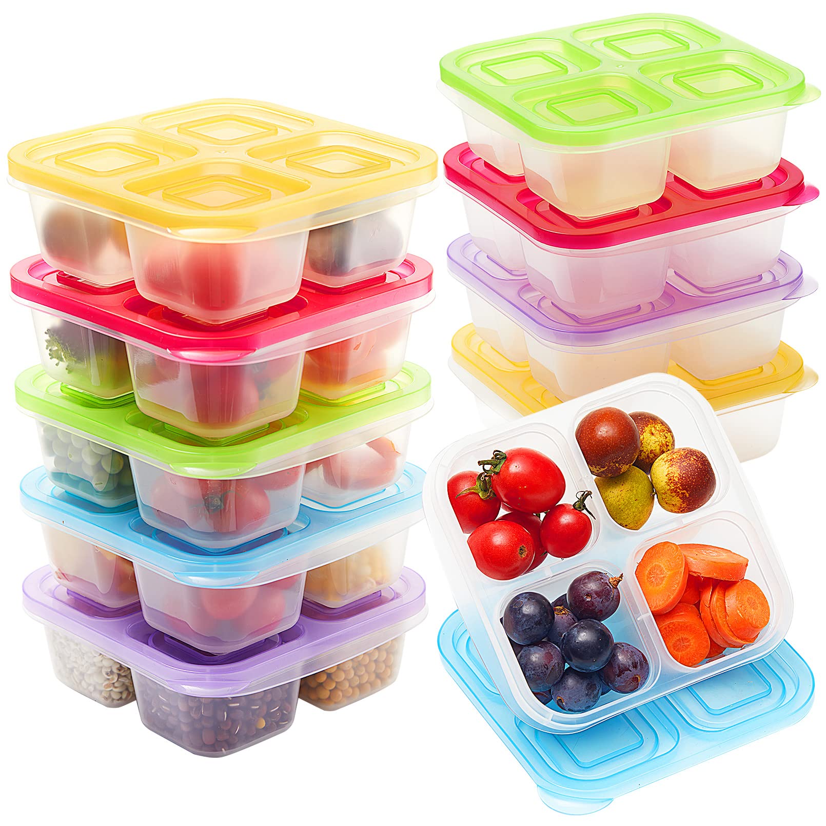 Bento Snack Boxes 10 Pack - 4-Compartment Stackable Food Storage Containers with Lids | BPA Free, Dishwasher Safe Reusable Lunch Boxes for Kids & Adults | Perfect for School, Office, Picnics & Meal Prep