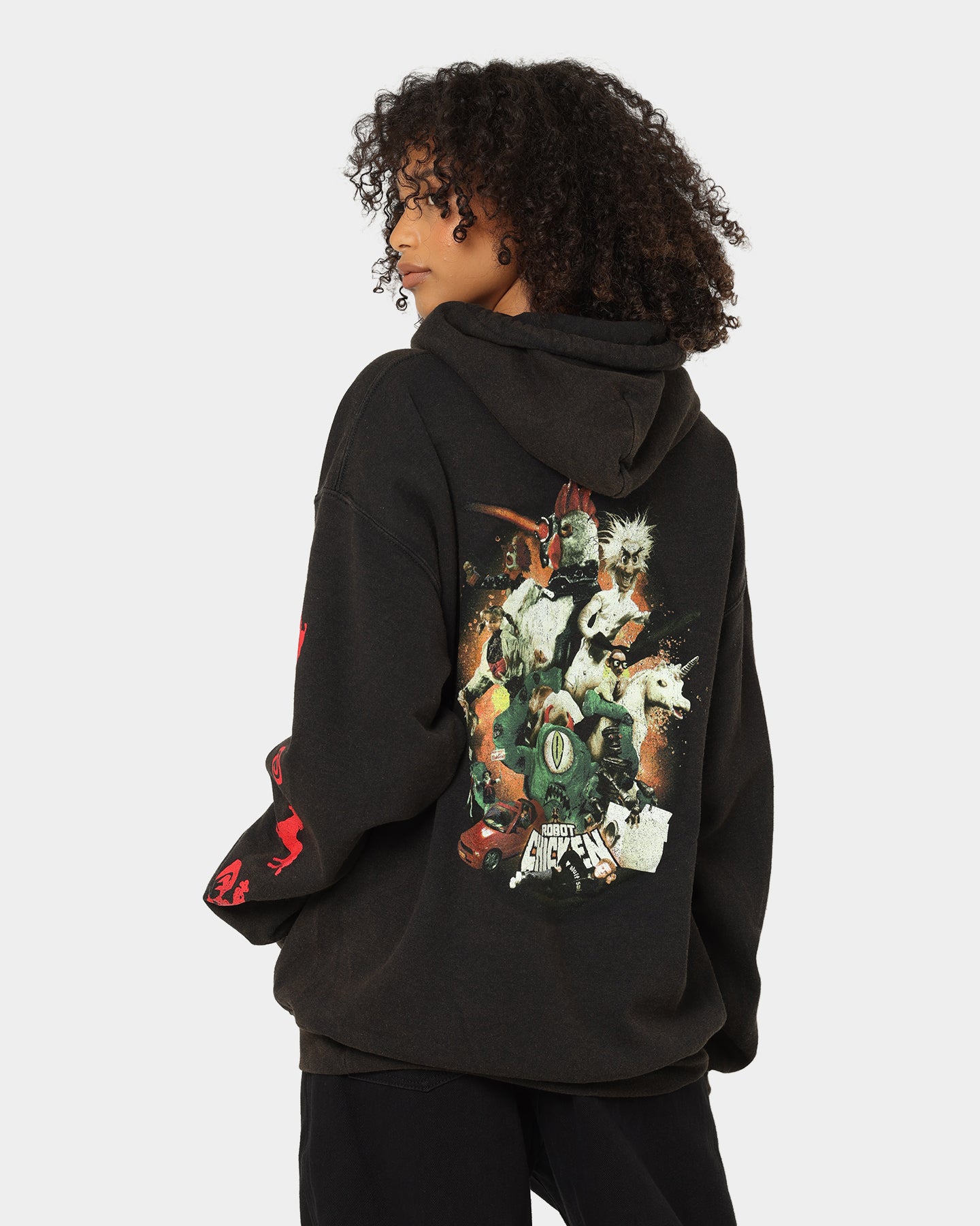 Vintage American Thrift Chicken Boom Hoodie - Black Wash Distressed Style | Retro Streetwear for Men & Women | Perfect for Casual Wear, Urban Fashion, and 90s Nostalgia Looks