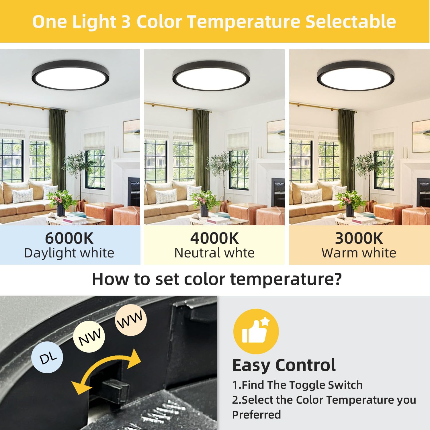6 Pack 12 Inch Ultra-Slim Low Profile LED Ceiling Light - Dimmable Round Flat Panel Light with 3 Color Temperatures (3000K/4000K/5000K) - Energy Saving Flush Mount Fixture for Bedroom, Hallway, Bathroom, Kitchen, Office - Easy Installation & Modern Design