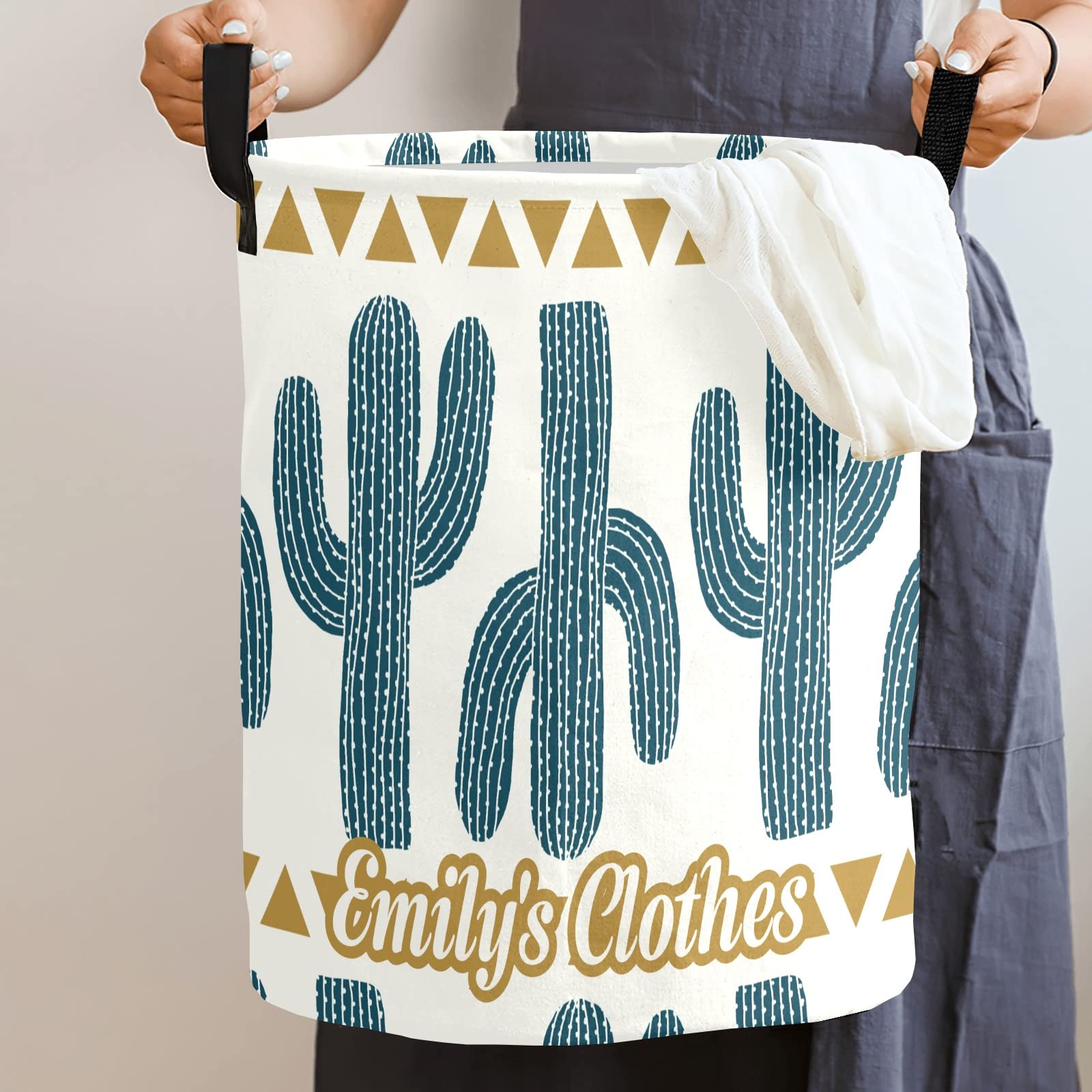 Custom Cactus Stripes Laundry Hamper - Waterproof Collapsible Drawstring Storage Basket with Handle (50cm x 36cm) for Clothes, Toys, and Home Organization | Perfect for Bedroom, Nursery, and Laundry Room