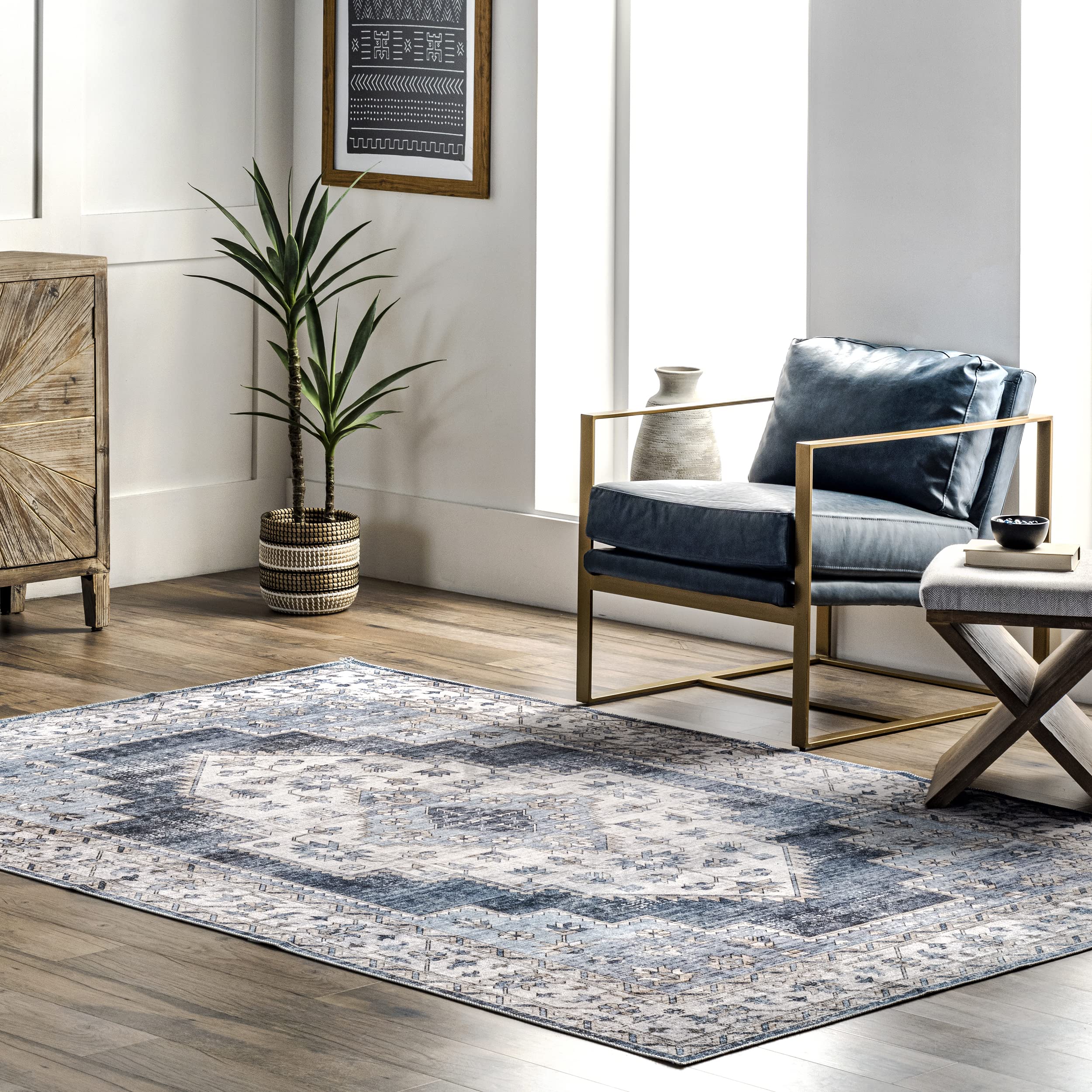 nuLOOM Dania Washable Medallion Area Rug 8' x 10' Navy Blue - Soft Non-Slip Living Room Rug for Bedroom, Dining Room & Home Decor