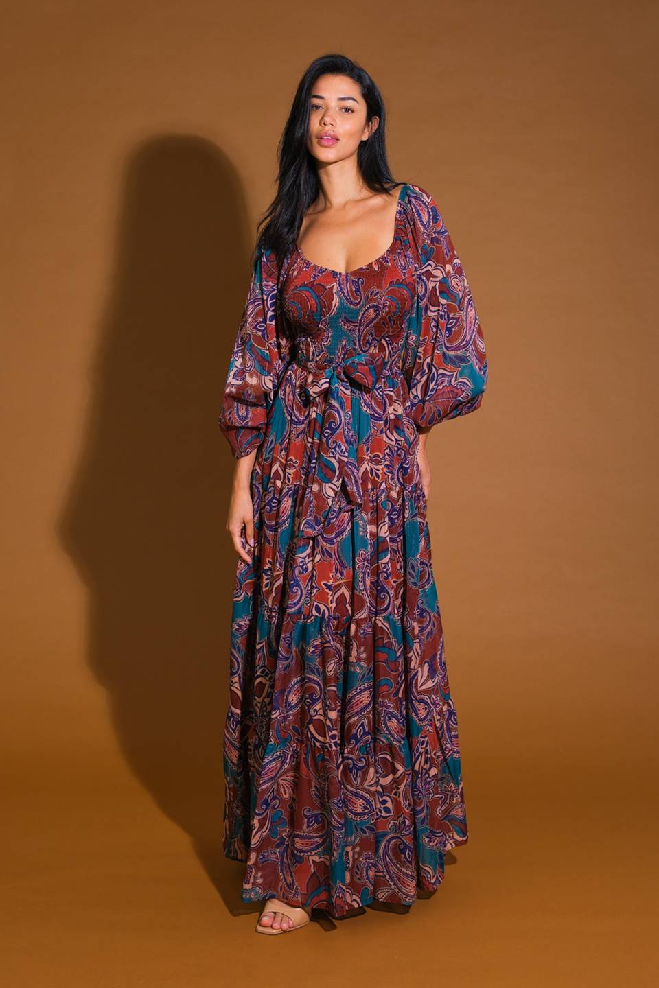 Elegant MERLOT MAXI DRESS in Wine & Teal Paisley Print - Perfect for Summer Weddings, Beach Vacations & Evening Parties