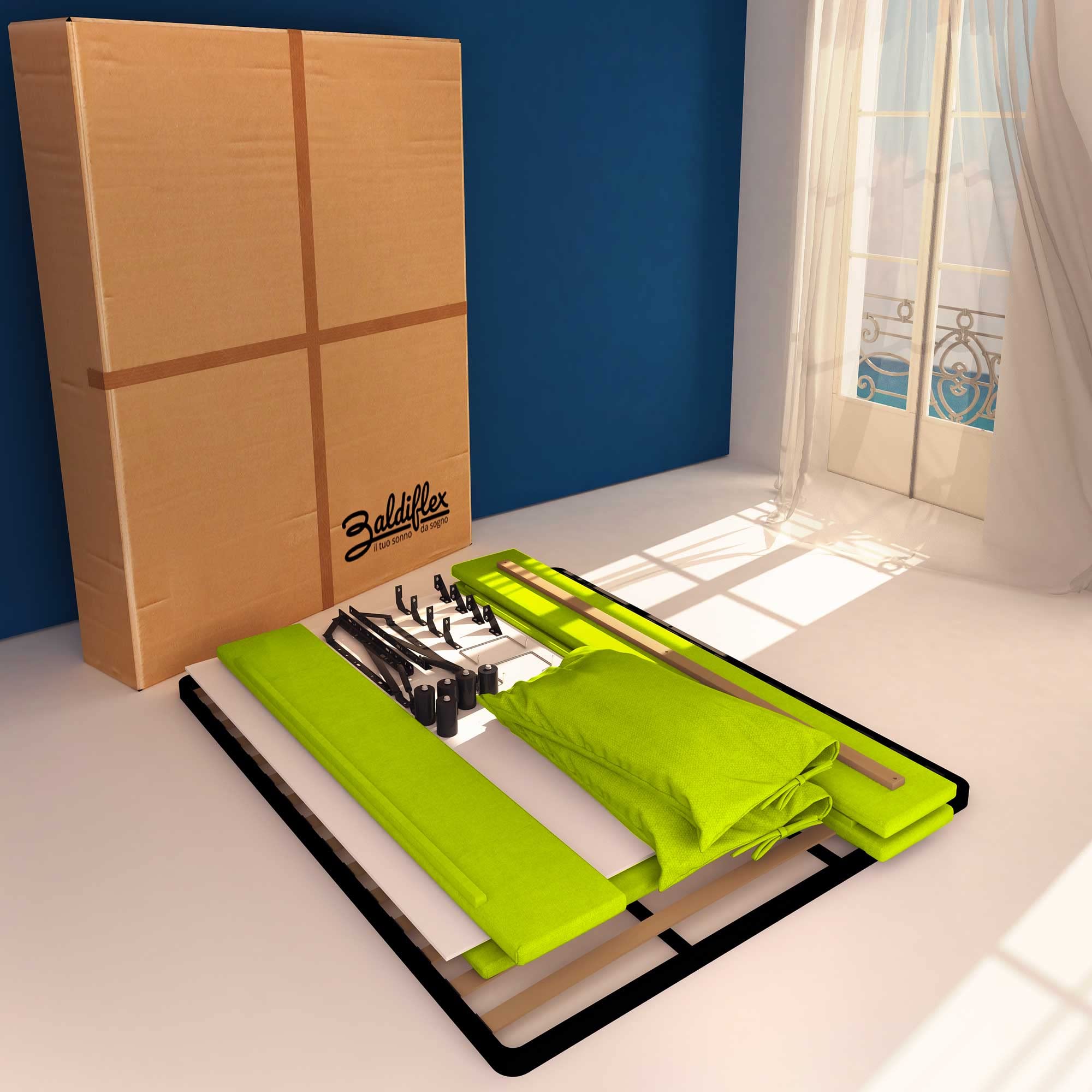 Baldiflex Single Bed with Storage - Licia Soft Synthetic Leather, Slatted Base for Single Mattress, 180 x 190 cm, Padded Thin Headboard, Apple Green - Perfect for Small Bedrooms, Guest Rooms & Studio Apartments