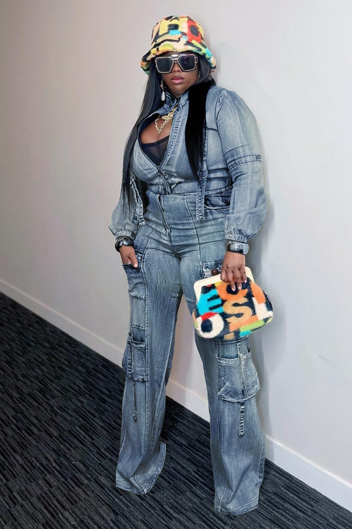 Molilove Women's Two Piece Denim Outfit Set - Long Sleeve Cropped Jean Jacket & Cargo Pants with Pockets | Y2K Fashion, Streetwear, Casual Outfit for Spring & Fall