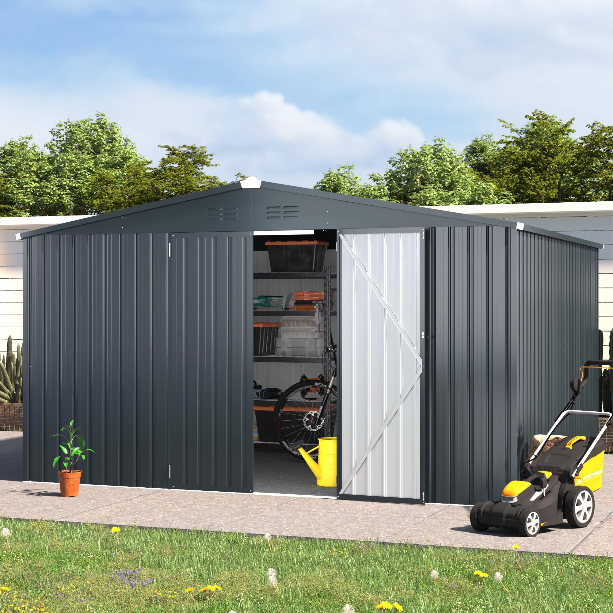 AECOJOY 12' x 10' Large Outdoor Storage Shed with Lockable Doors - Heavy Duty Utility & Tool Shed for Garden, Backyard, Patio - Perfect for Storing Lawn Equipment, Bikes & Seasonal Items (Dark Grey)