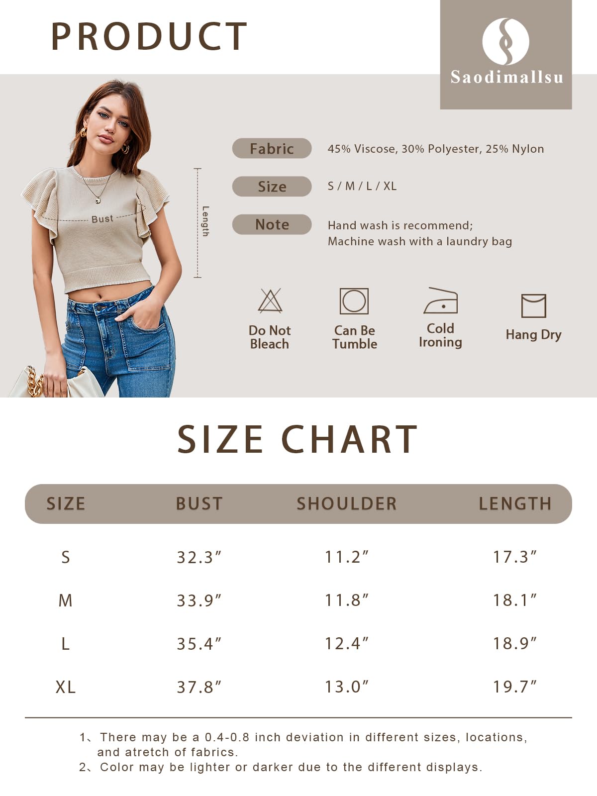 Saodimallsu Women's Summer Ruffle Sleeve Knit Crop Top - Lightweight Crew Neck Contrast Striped Cropped Sweater for Casual Outfits, Beachwear & Layering