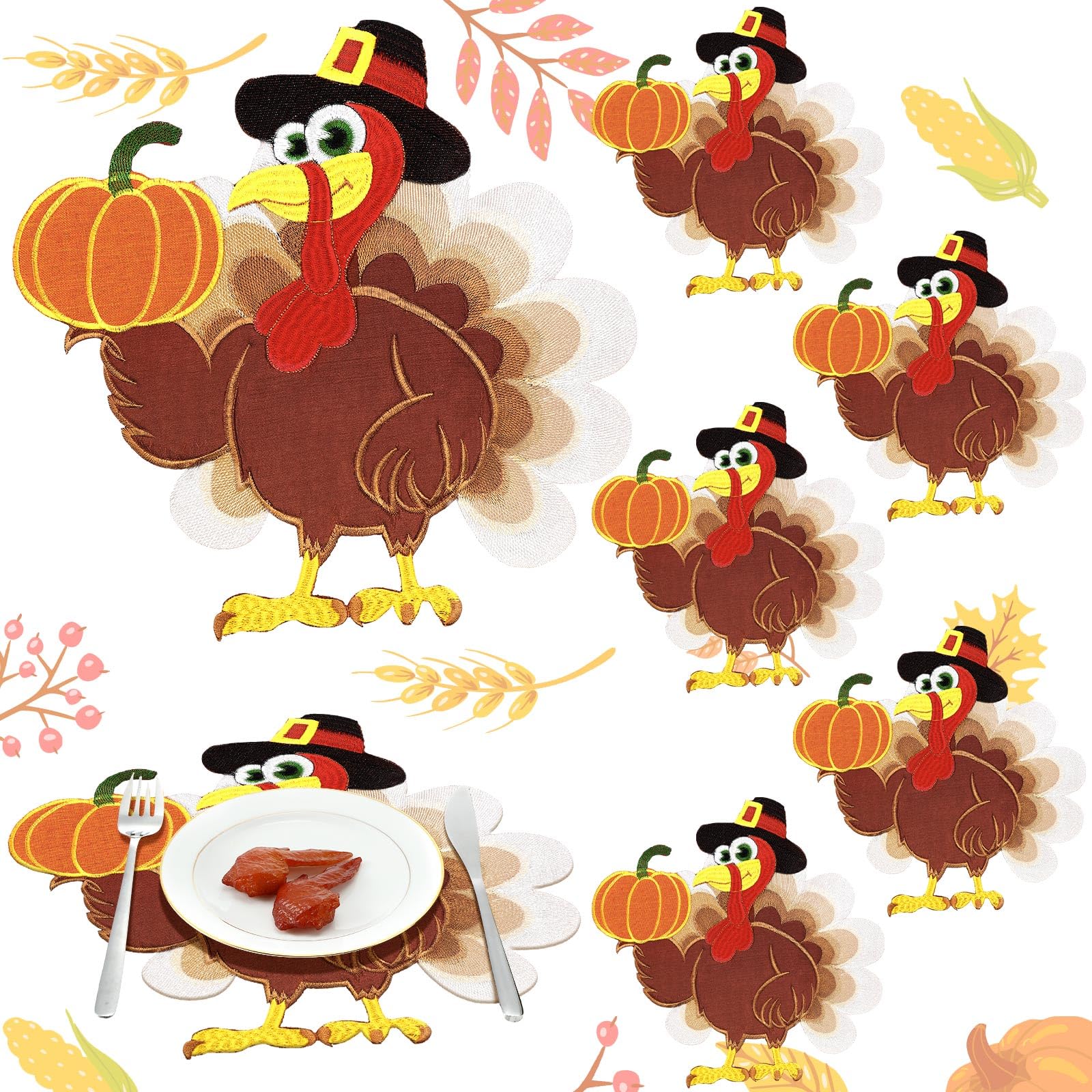 6-Piece Embroidered Turkey Placemats Set - 14x14 Inch Thanksgiving Table Decor for Home, Kitchen & Dining - Fall Harvest Autumn Decorations - Perfect for Holiday Gatherings & Seasonal Celebrations