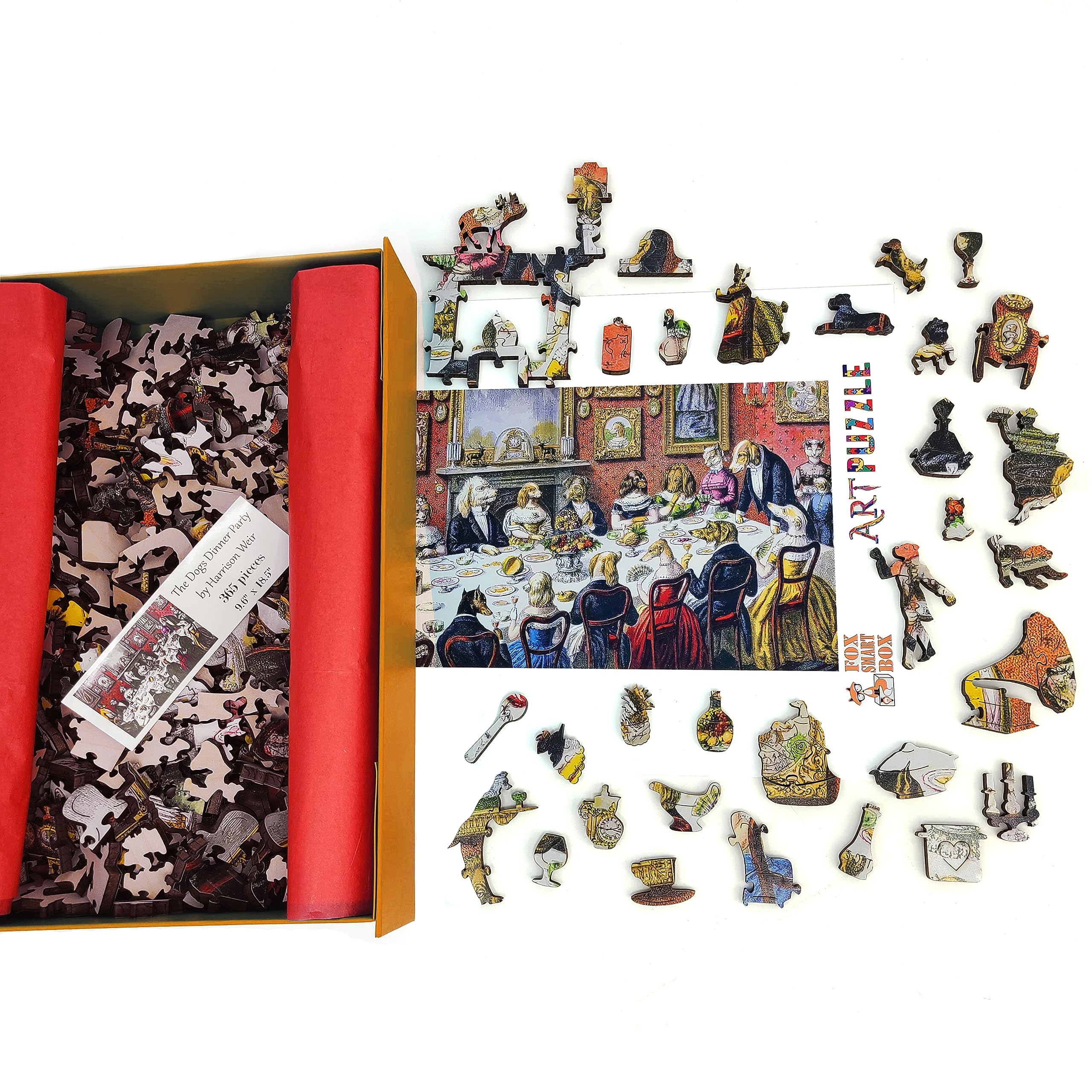 Premium 365-Piece Wooden Jigsaw Puzzle for Adults - Unique Shaped Pieces - Handcrafted in USA by FoxSmartBox - The Dogs Dinner Party - Perfect for Family Game Nights, Stress Relief & Home Decor