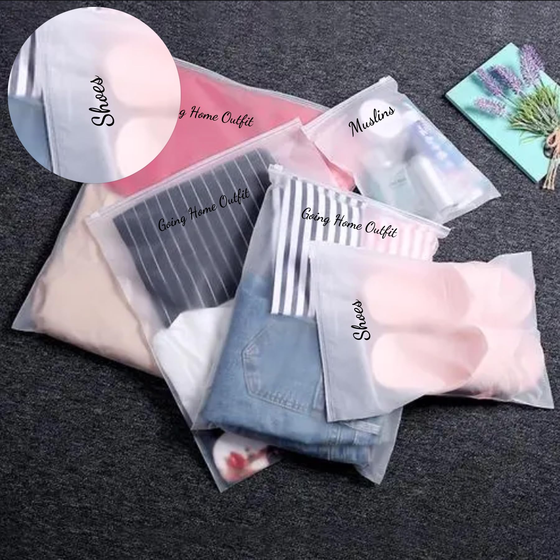 20 Pack Frosted Hospital Pouches with 3 Clear Sticker Sheets - 13.78 x 15.74 Inch Maternity Essentials for Labor, Diaper Storage & Newborn Care - Perfect for Hospital Bags, Baby Showers & Parenting Organization