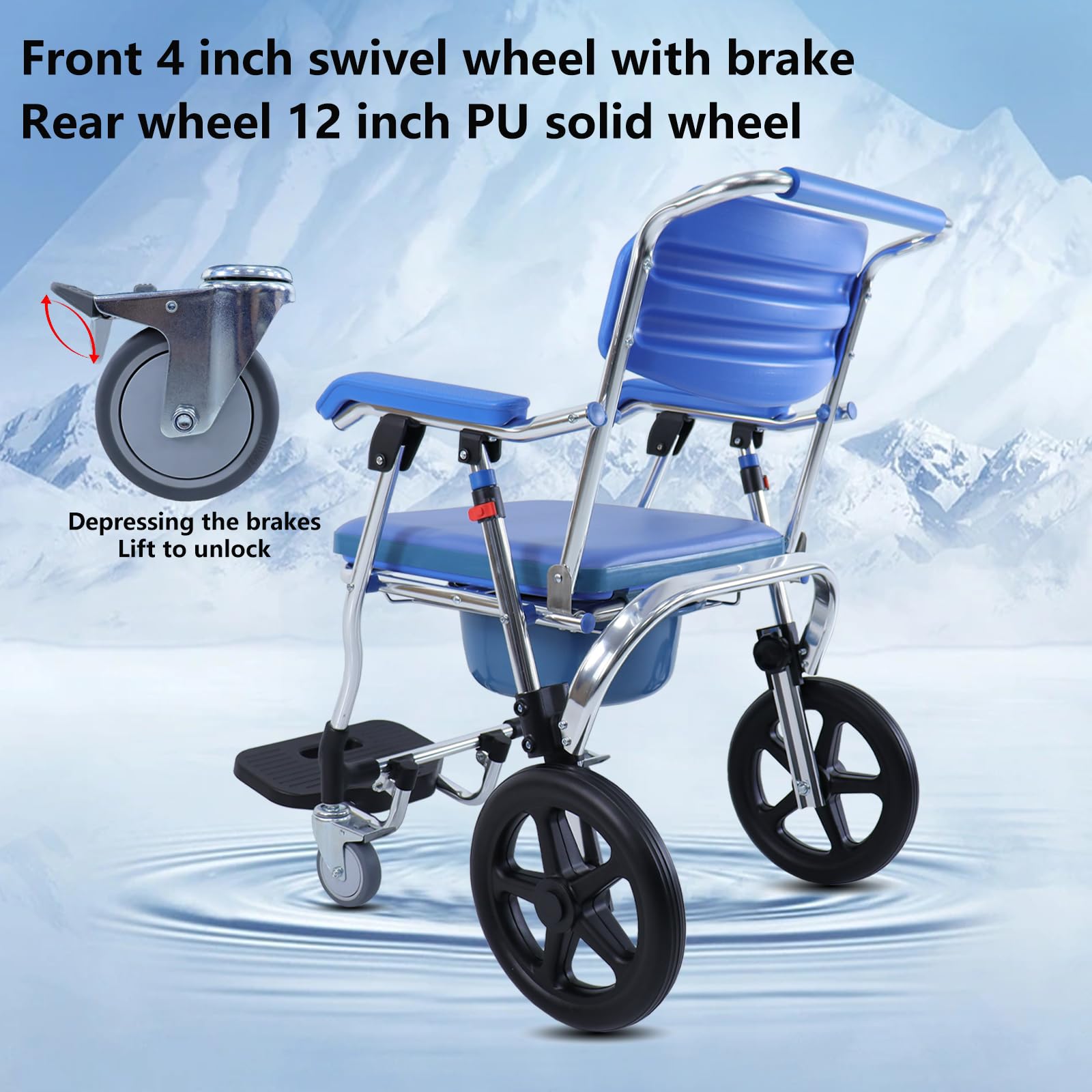 Folding Shower Commode Wheelchair - 300lbs Capacity Bariatric Commode Chair with Padded Seat, Waterproof Rolling Shower Chair with Armrests & Backrest, Mobility Aid for Elderly & Disabled - Ideal for Small Bathrooms & Home Care Use