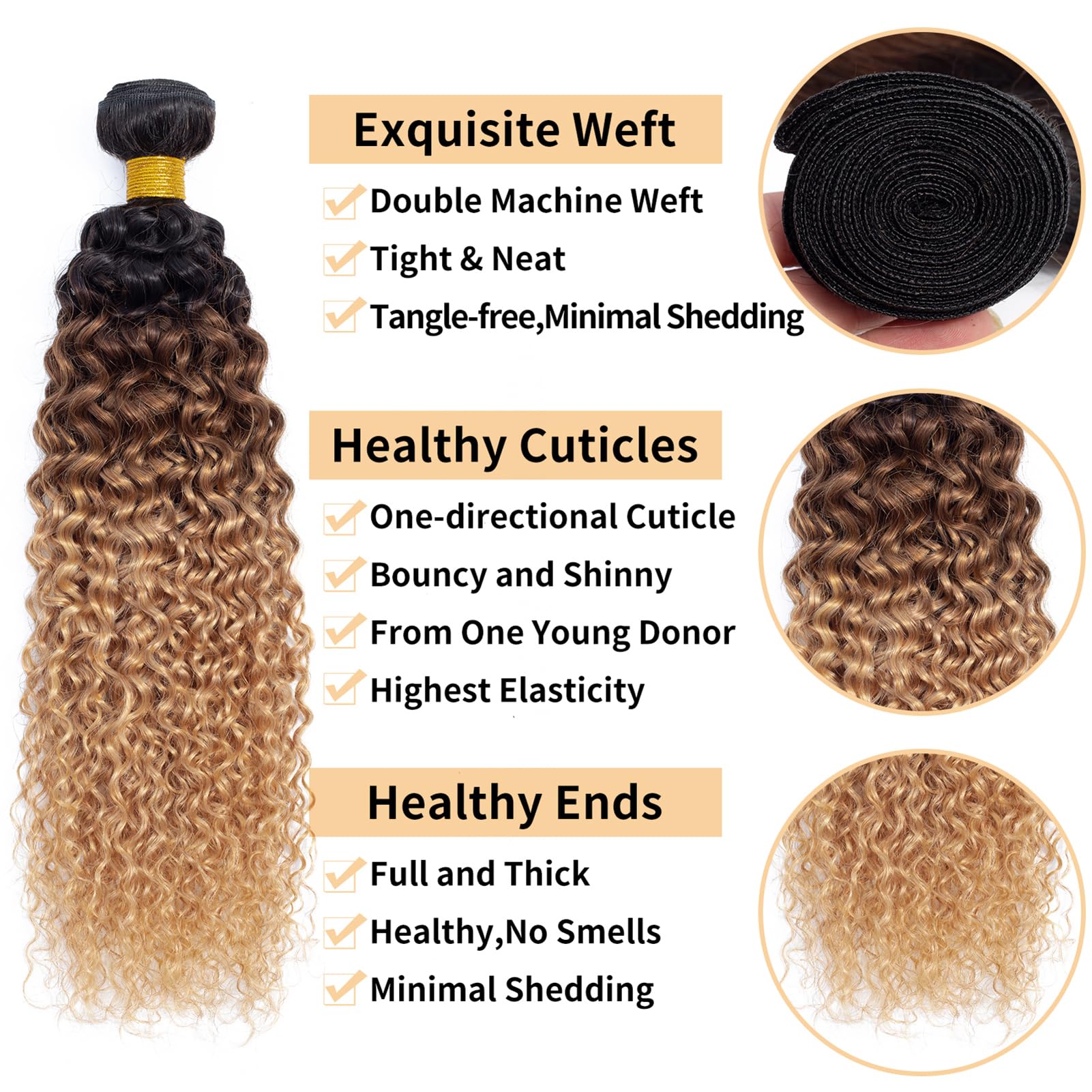 12A Ombre Bundles Human Hair - 100% Unprocessed Virgin Brazilian Hair (T1B/30/27, 20