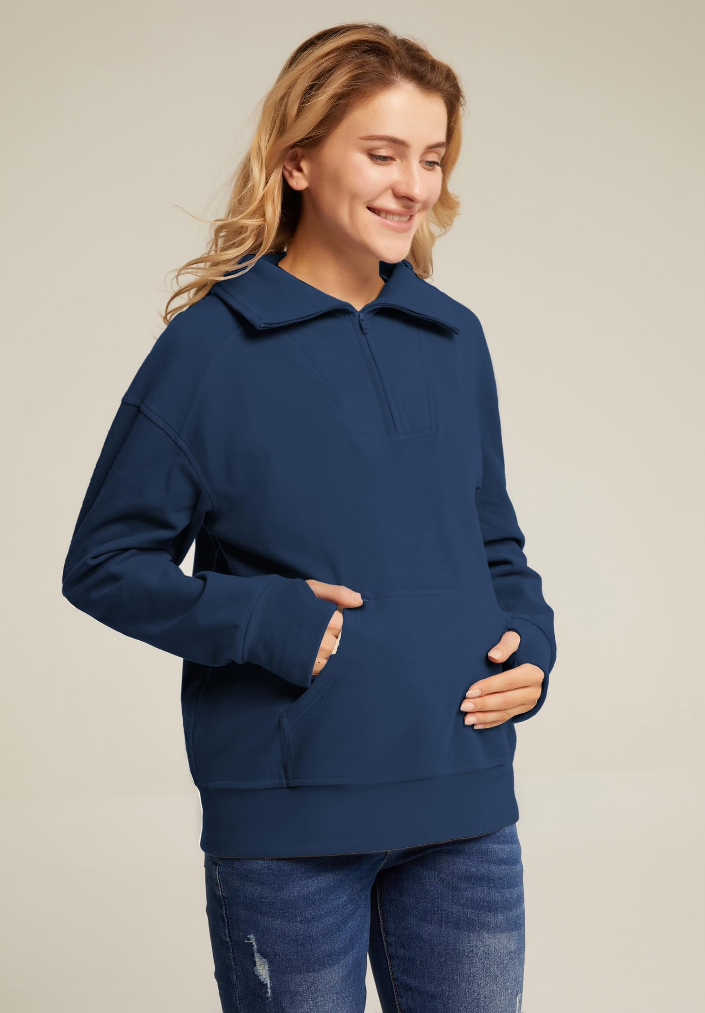 Maacie Maternity Sweatshirt - Half Zip Fleece Pullover with Thumbholes & Kangaroo Pocket for Pregnant Women | Warm Winter Layering for Pregnancy Comfort