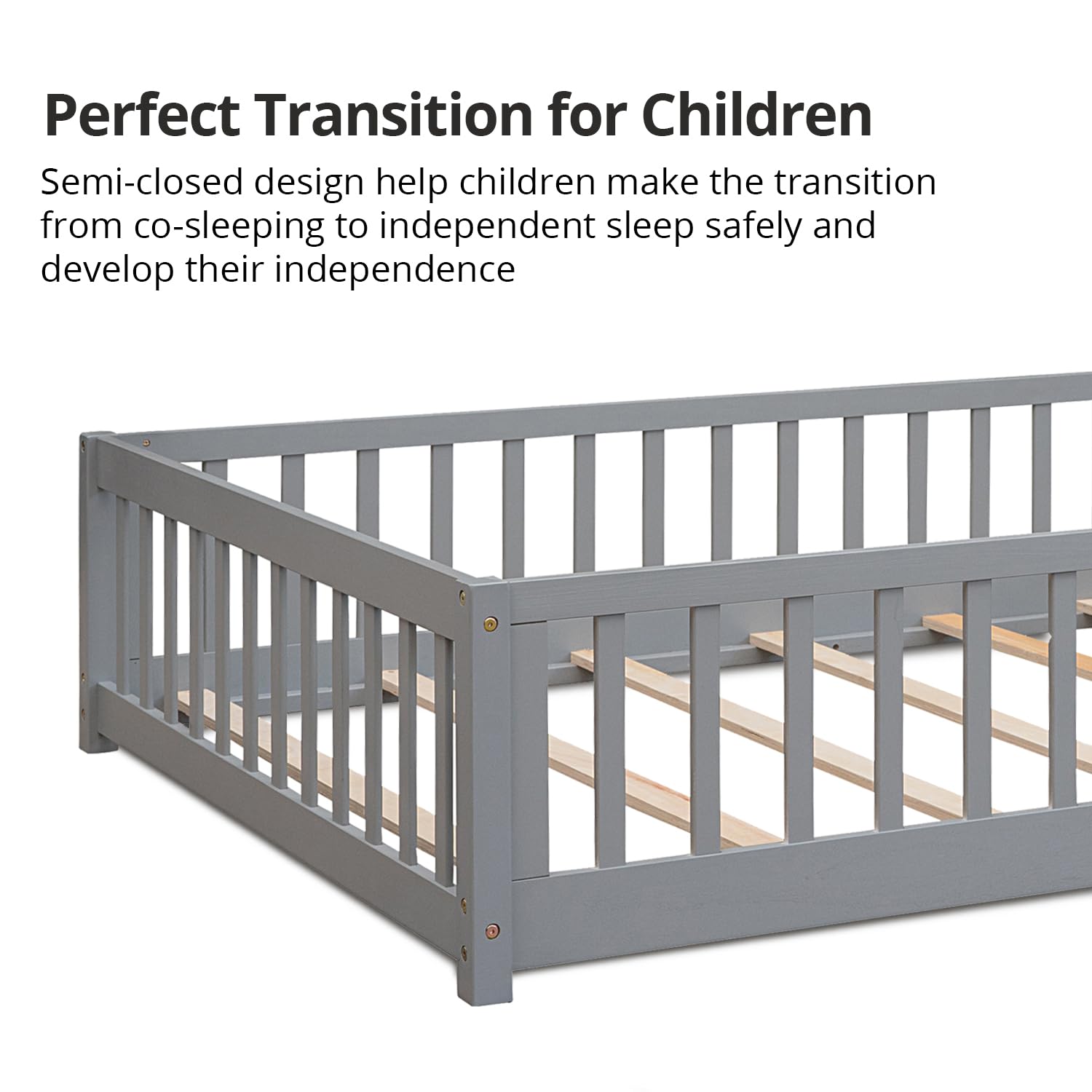 Montessori Twin Floor Bed for Kids - Solid Wood Toddler Bed Frame with Safety Guardrails, Multifunctional Low Profile Bed, Easy Assembly, Gray - Perfect for Montessori Rooms, Daycare, and Small Spaces