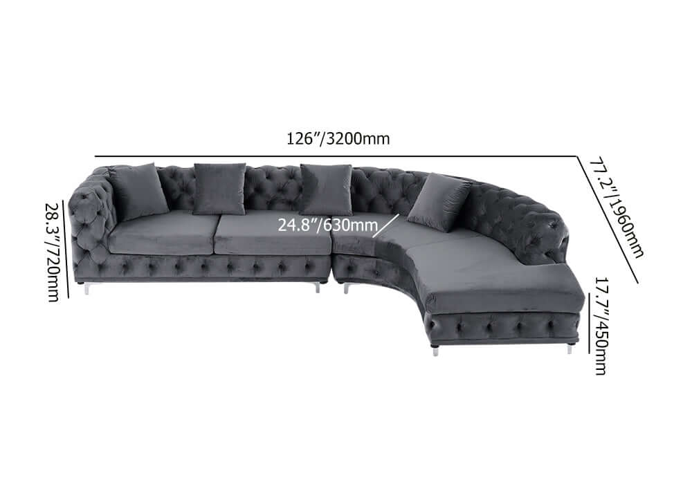 L-Shaped Curved Gray Velvet Sectional Sofa - Modern Chesterfield Style Living Room Couch for Small Spaces & Apartments | Perfect for Lounge, TV Room & Home Theater