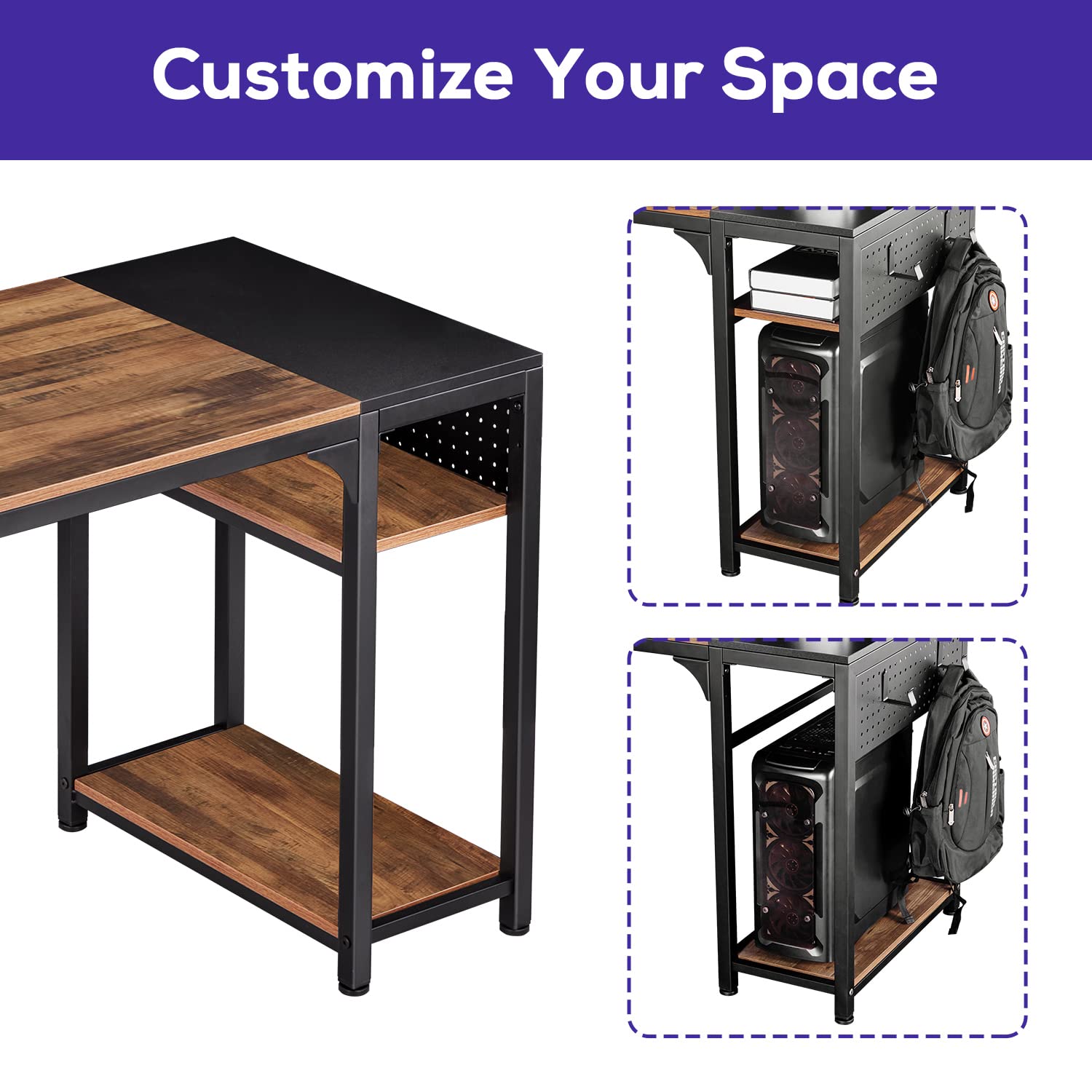 Reversible L-Shaped Desk with Monitor Stand - 58x47 Inch Corner Computer Desk, Study Writing Table with Storage Shelves for Home Office - Rustic Brown/Black - Perfect for Small Spaces & Gaming Setups
