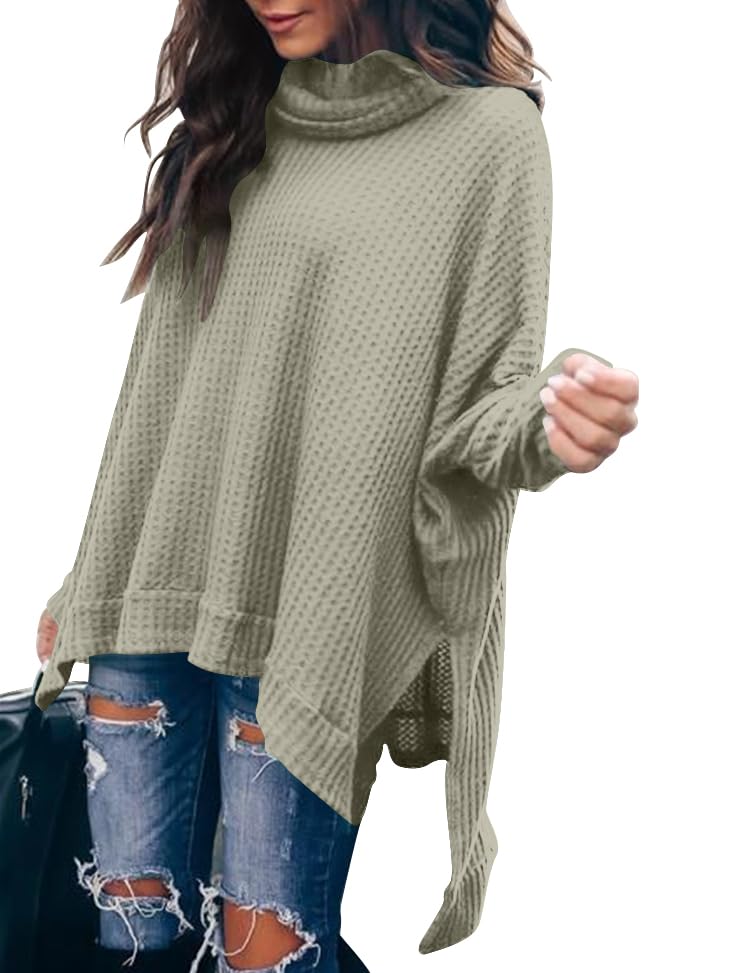 Caracilia Women's Oversized Waffle Knit Pullover Sweater - Turtle Neck Cowl Long Batwing Sleeve Loose Fit High-Low Tunic Top for Casual Wear, Fall & Winter Fashion, Office & Weekend Outfits