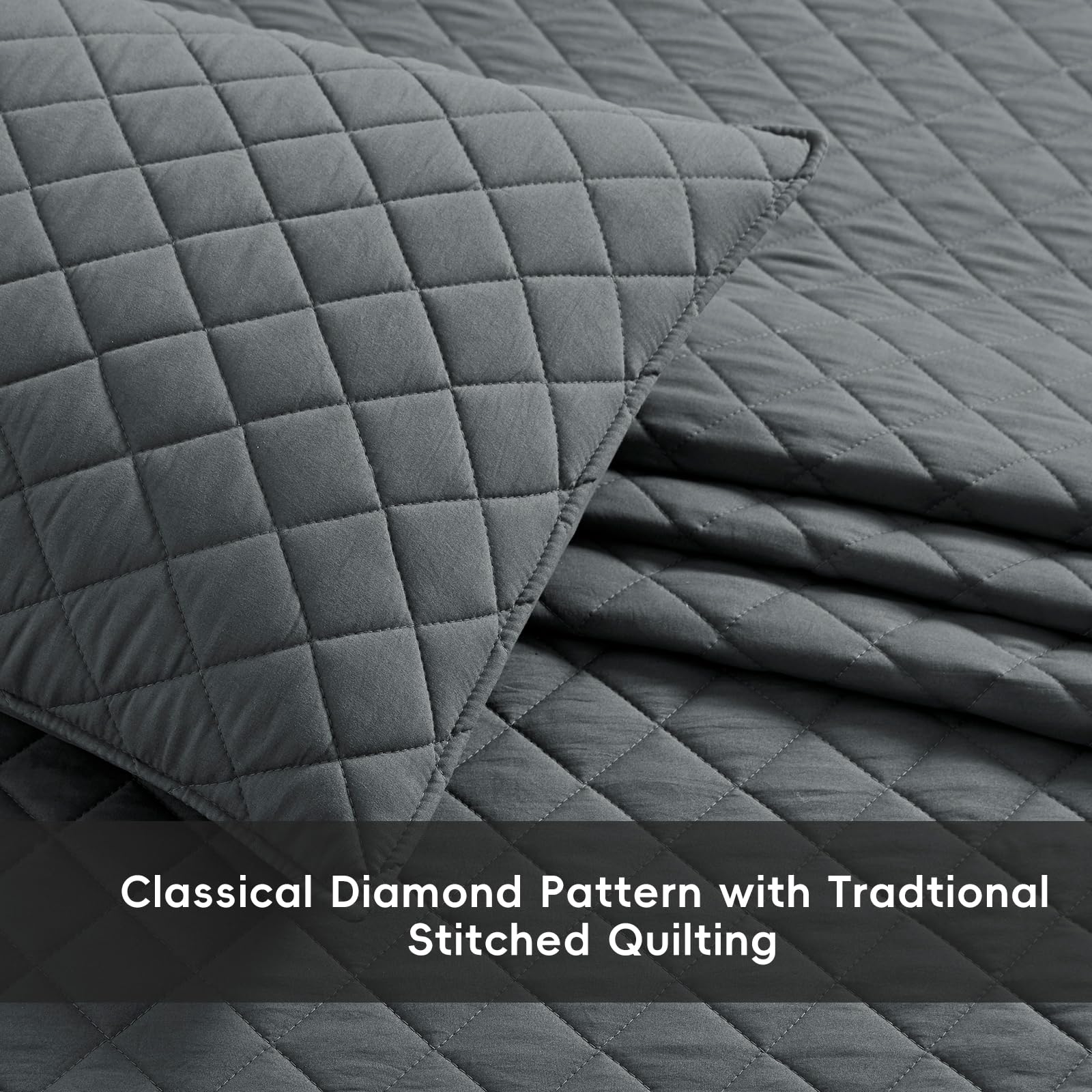 Safonory Dark Grey Quilt Full/Queen Size - Ultra Soft Lightweight Microfiber Diamond Stitched Bedspread Set - 3 Piece Gray Coverlet for Queen Bed (1 Quilt + 2 Shams) | Breathable Summer Bedding for Guest Rooms & Master Bedrooms