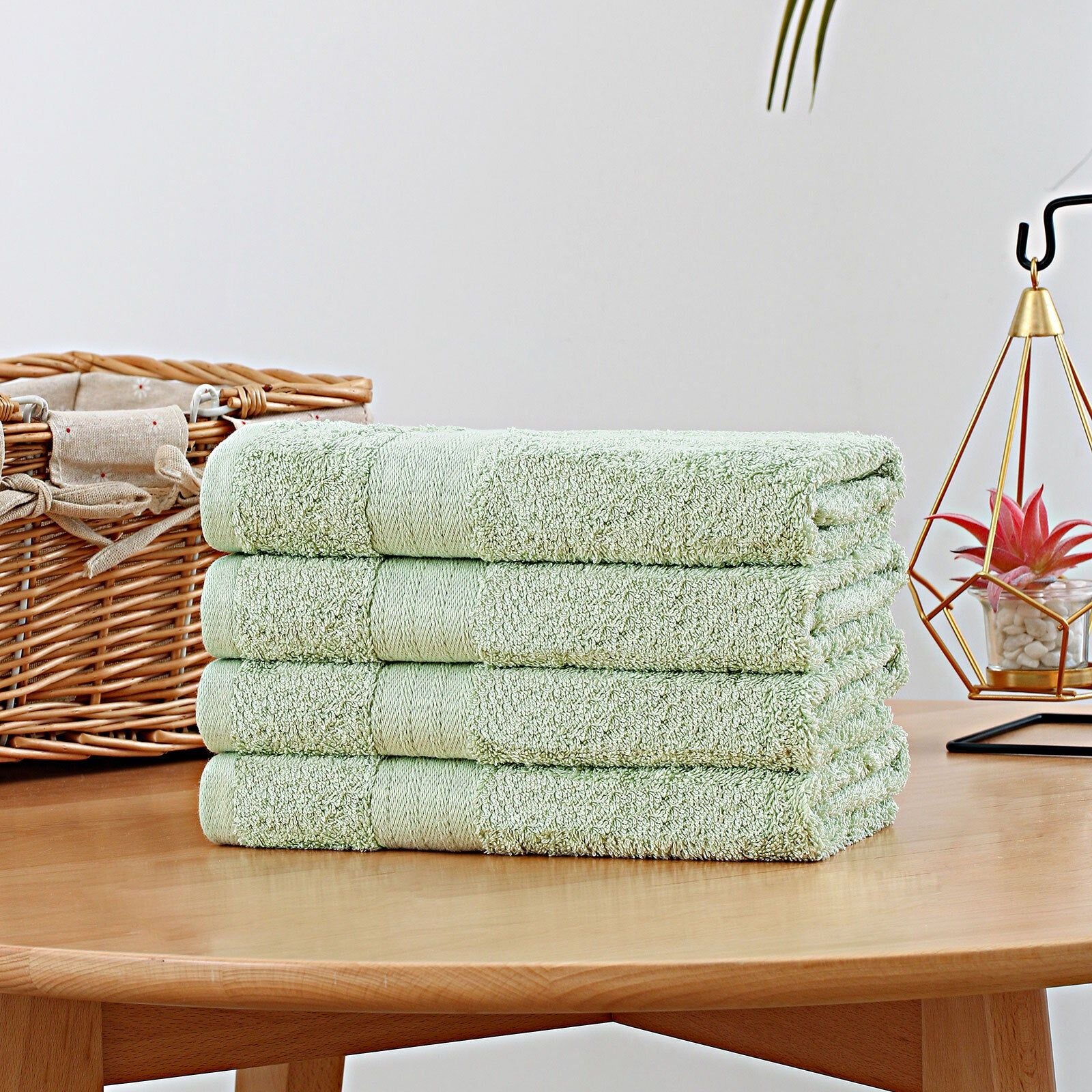 Linenland 4-Piece Cotton Bath Towel Set - Soft & Absorbent Hand Towels in Sage Green - Perfect for Bathroom, Spa, and Guest Use