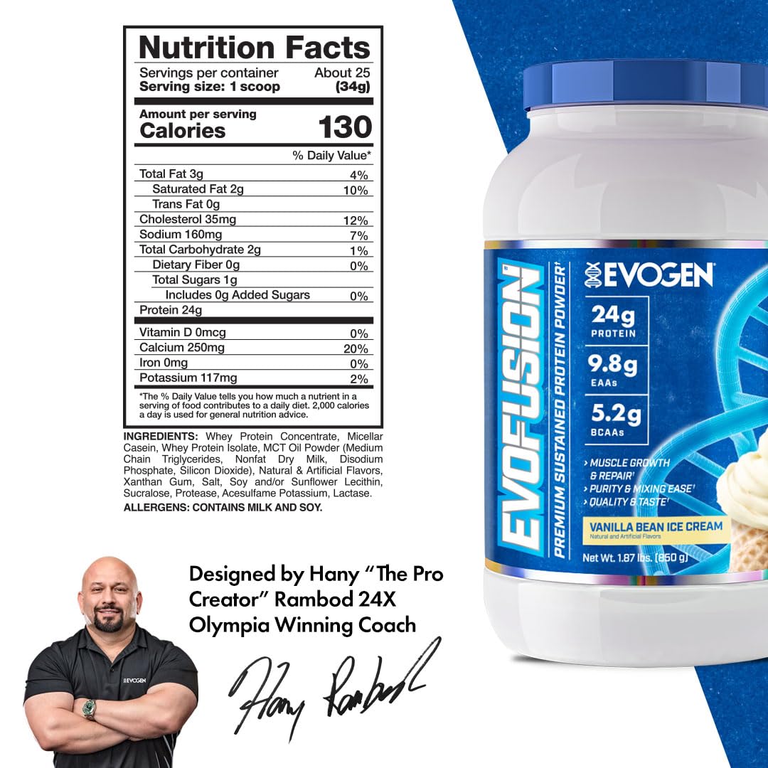 Evogen Evofusion Sustained Release Protein Powder - Whey Protein, Micellar Casein & MCT Oil Blend for Muscle Growth & Recovery | Vanilla Bean Ice Cream Flavor | 25 Servings | Post-Workout & Nighttime Muscle Support