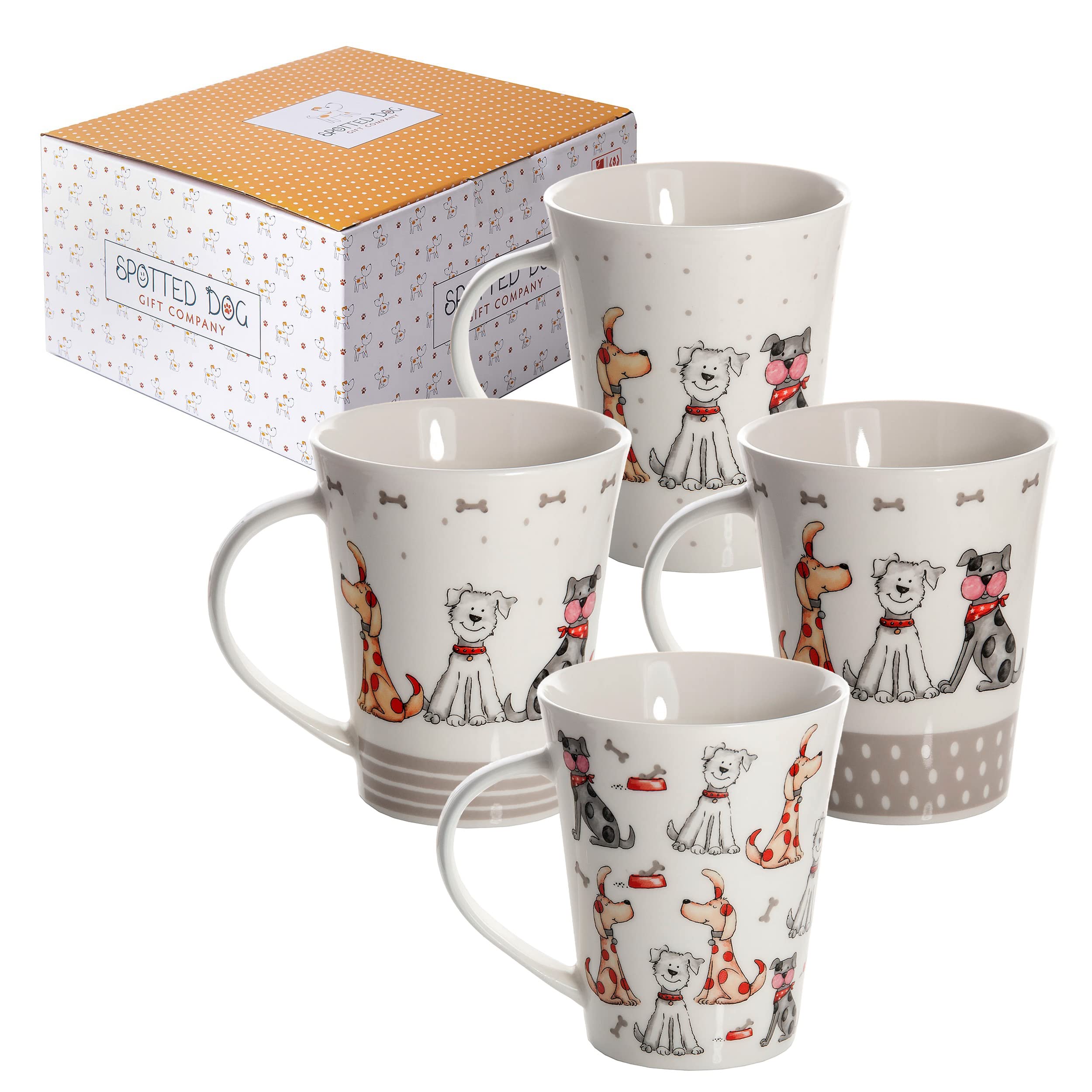 Spotted Dog Themed 12oz Ceramic Coffee Mug Set - 4 Cute Dog Lovers Gift Mugs for Tea & Coffee - Perfect for Dog Owners, Animal Lovers, Women & Men - Ideal for Home, Office, or Gift Giving
