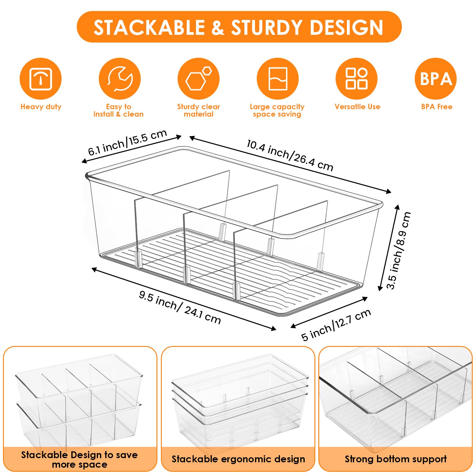 Hronta 2 Pack Clear Kitchen Storage Bins - 4 Compartment Pantry Organizer for Snacks, Spices, Tea Bags - Fridge & Cabinet Organization Solutions for Home, Office, Dorm Room