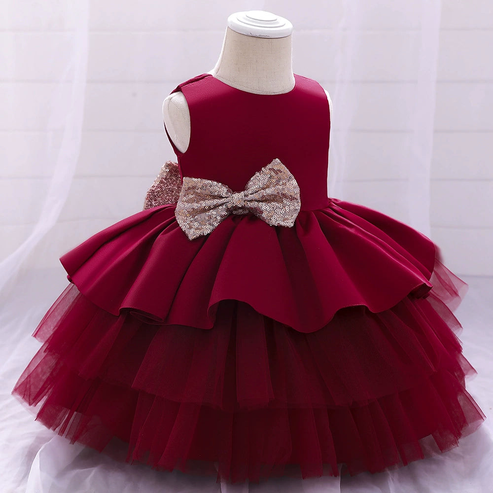Burgundy Princess Round Neck Tea Length Satin Flower Girl Dress for Weddings, Parties & Special Occasions